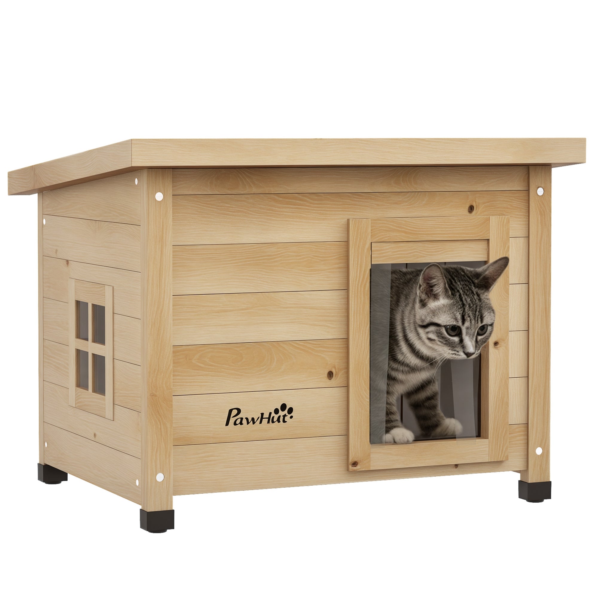 Wooden Outdoor Cat House Winterproof Waterproof Cat Shelter with Asphalt Roof Window Door Curtain Elevated Cat Cave Shelter Outdoor Cat Box for Outdoor Garden Balcony 57 x 45 x 43 cm Yellow
