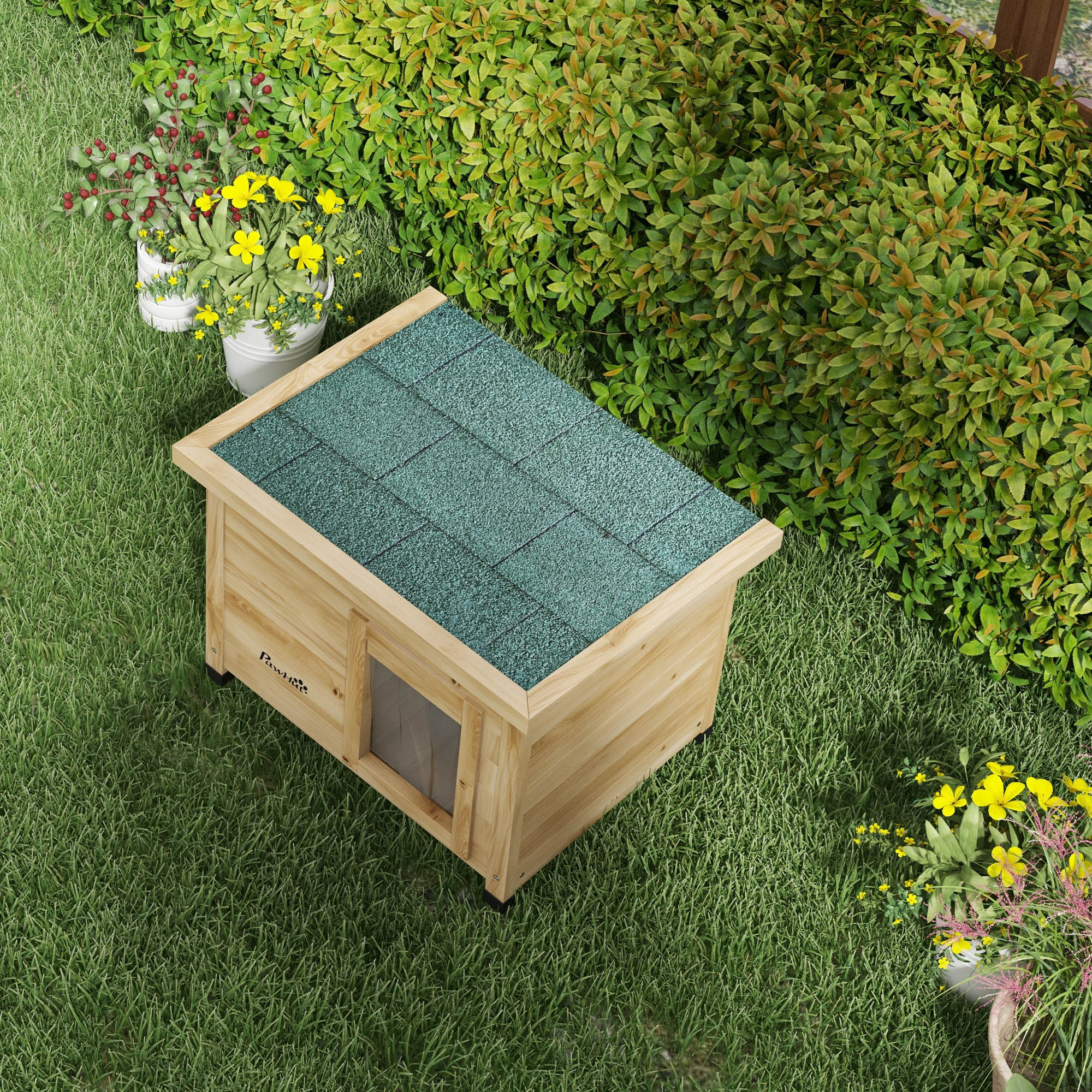 Wooden Outdoor Cat House Winterproof Waterproof Cat Shelter with Asphalt Roof Window Door Curtain Elevated Cat Cave Shelter Outdoor Cat Box for Outdoor Garden Balcony 57 x 45 x 43 cm Yellow