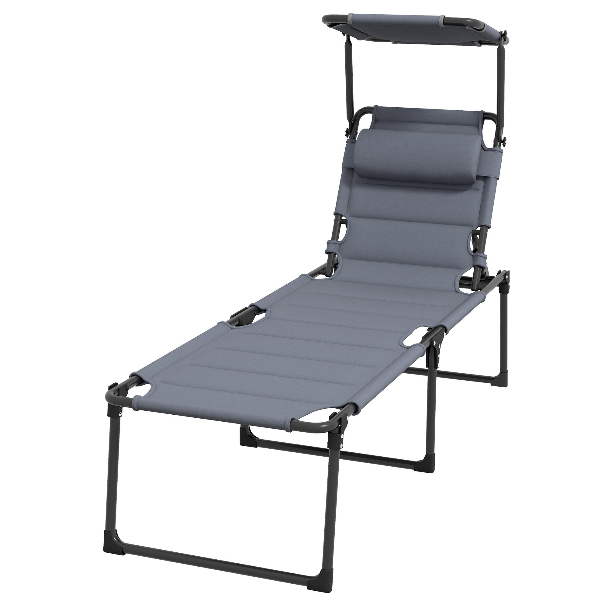 Folding Sun Lounger Outdoor Lounge Chair with Adjustable Canopy 4-Level Adjustable Backrest and Headrest for Terrace Pool 70x200x45 cm Gray