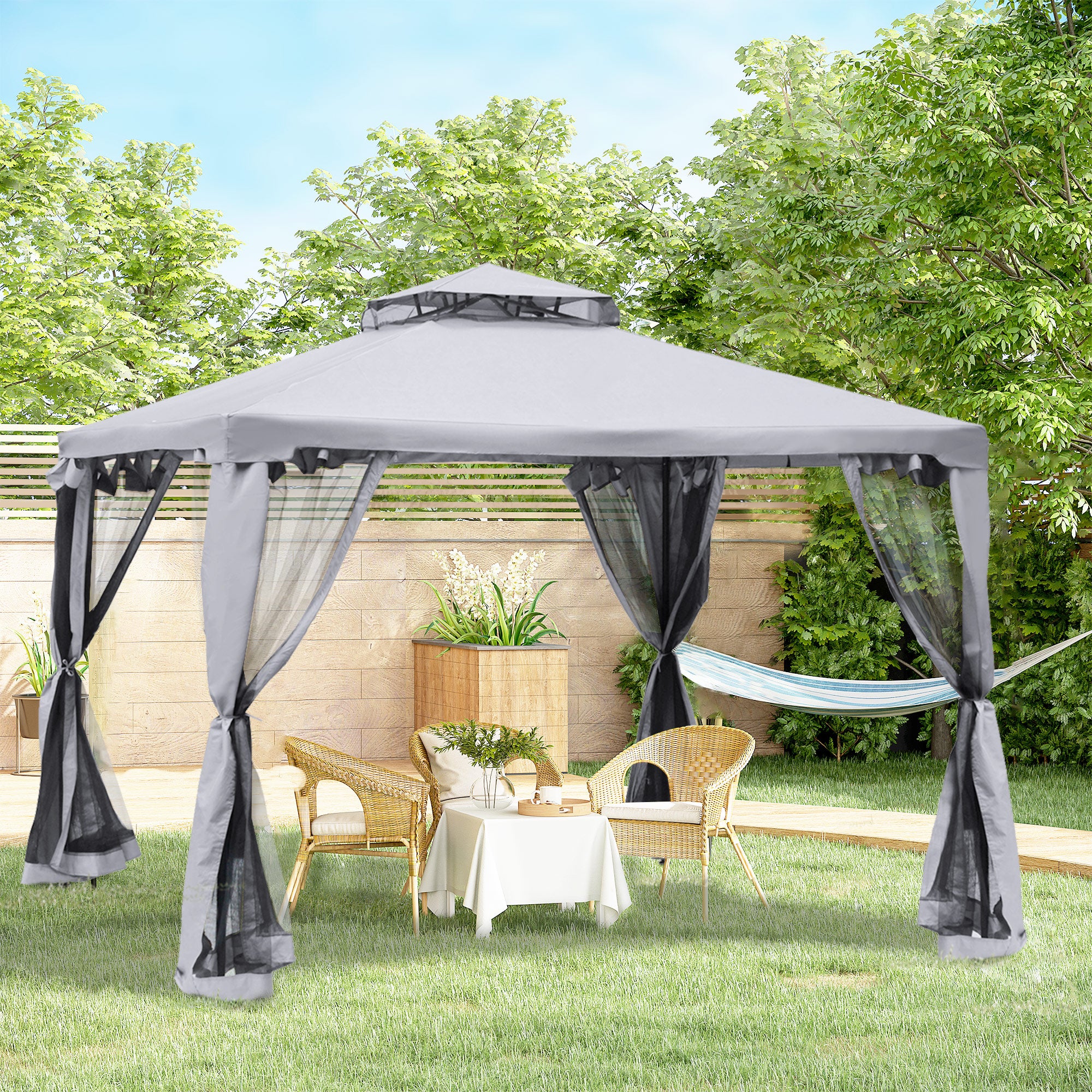 Pavilion with Double Roof, Approx. 3x3 m Waterproof Stable Winterproof Garden Pavilion with Mosquito Net, Side Panels, Metal Garden Pavilion, for Garden, Terrace, Light Gray