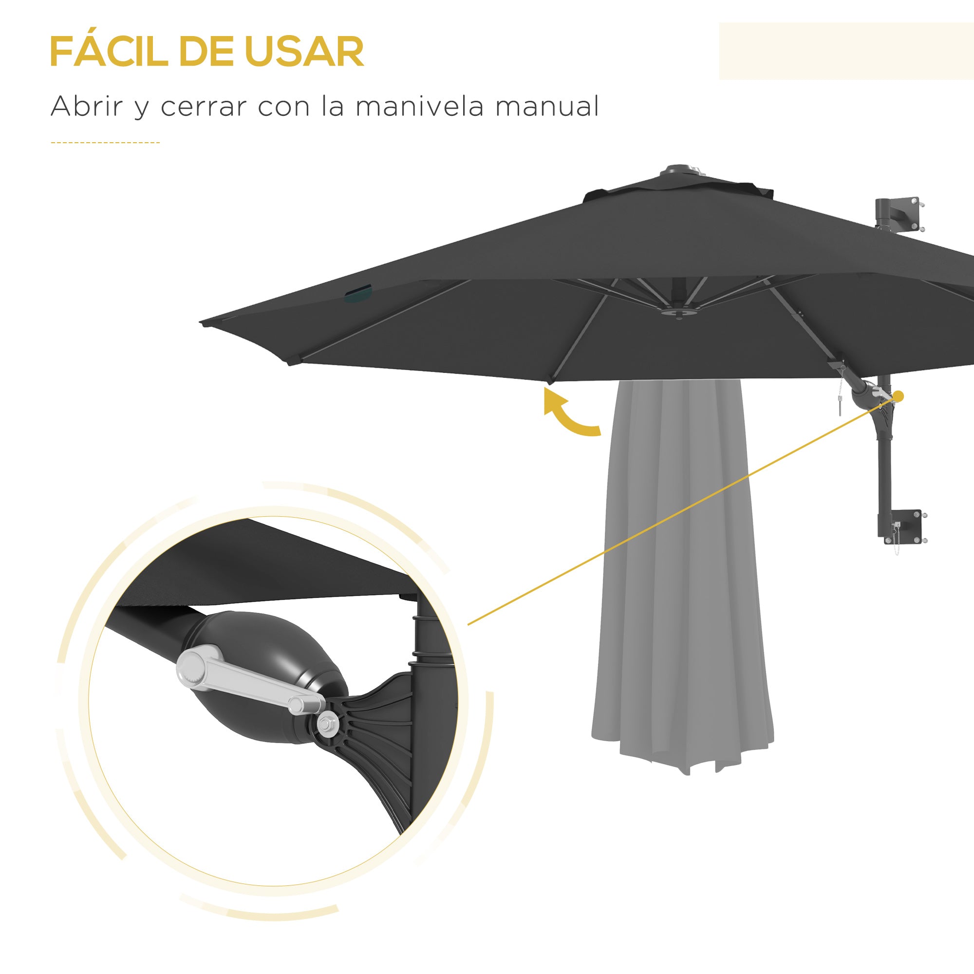 292 cm Rotating Wall Umbrella 180° Outdoor Terrace Umbrella with Crank Metal Bar Umbrella and Ventilation for Beach Garden Outdoor Patio Dark Gray