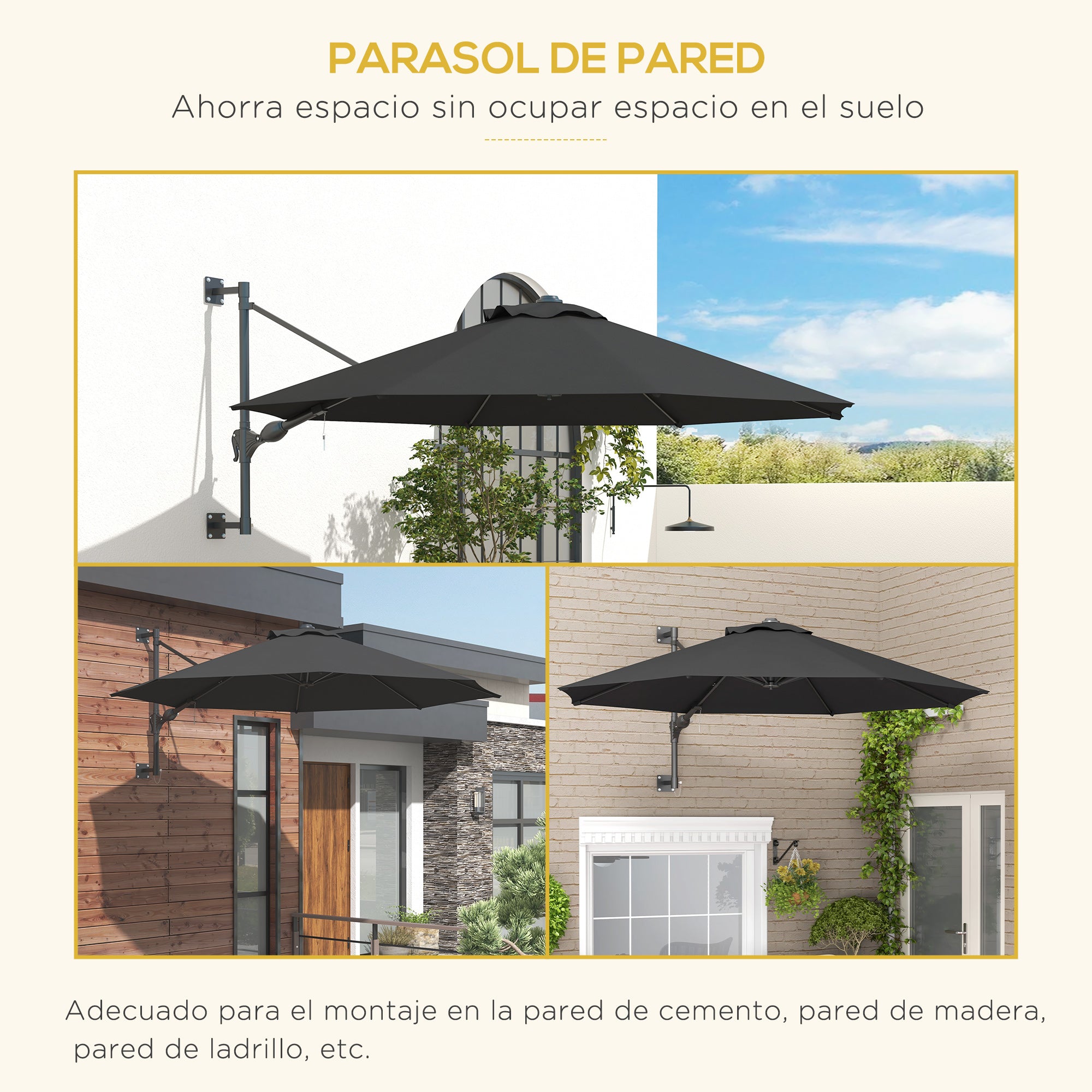 292 cm Rotating Wall Umbrella 180° Outdoor Terrace Umbrella with Crank Metal Bar Umbrella and Ventilation for Beach Garden Outdoor Patio Dark Gray