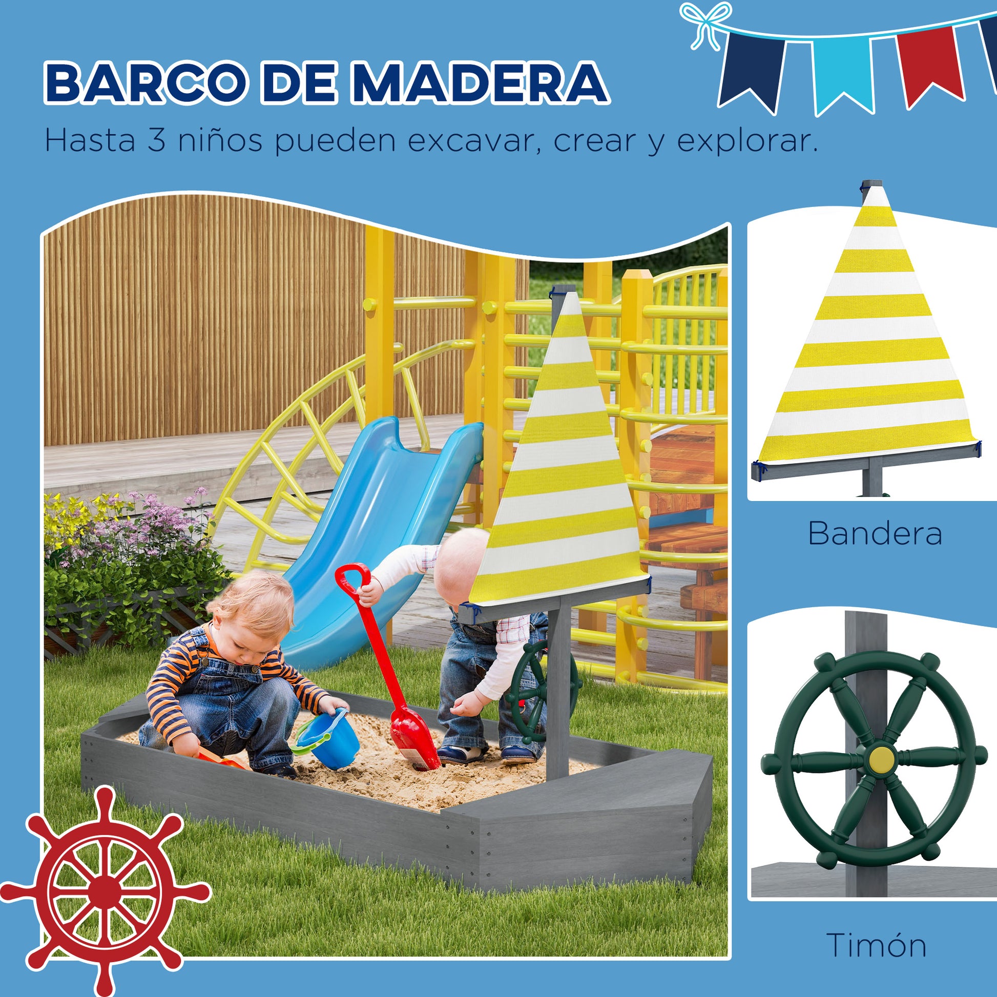 Wooden Kids Sandbox Sailboat Shaped Children's Sandbox with Flag and Rudder for Patio Garden 190x90x138 cm Dark Gray