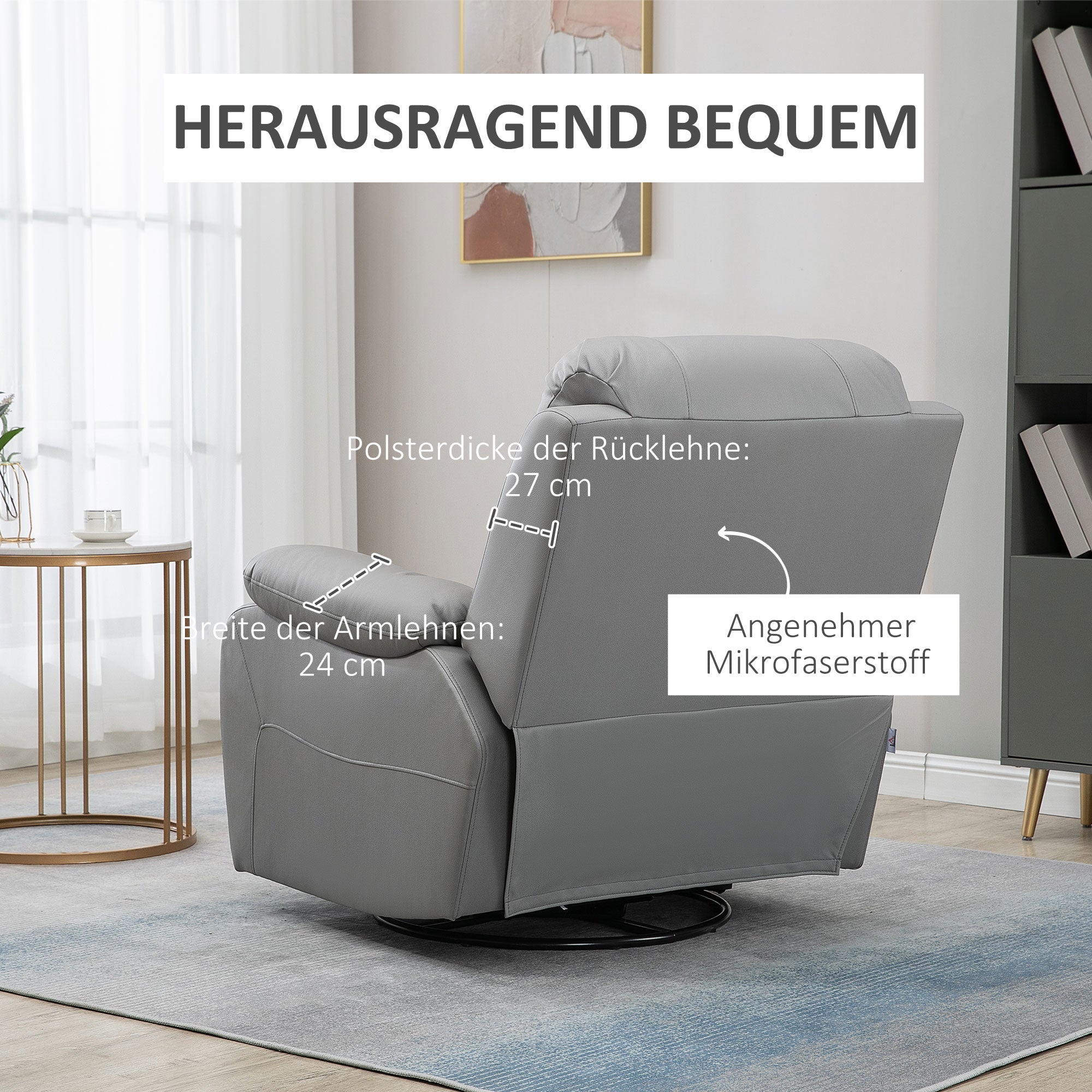 Recliner Chair TV Armchair with Reclining Function, Footrest, Swivel TV Armchair with Pocket Spring System for Living Room, Bedroom, Grey