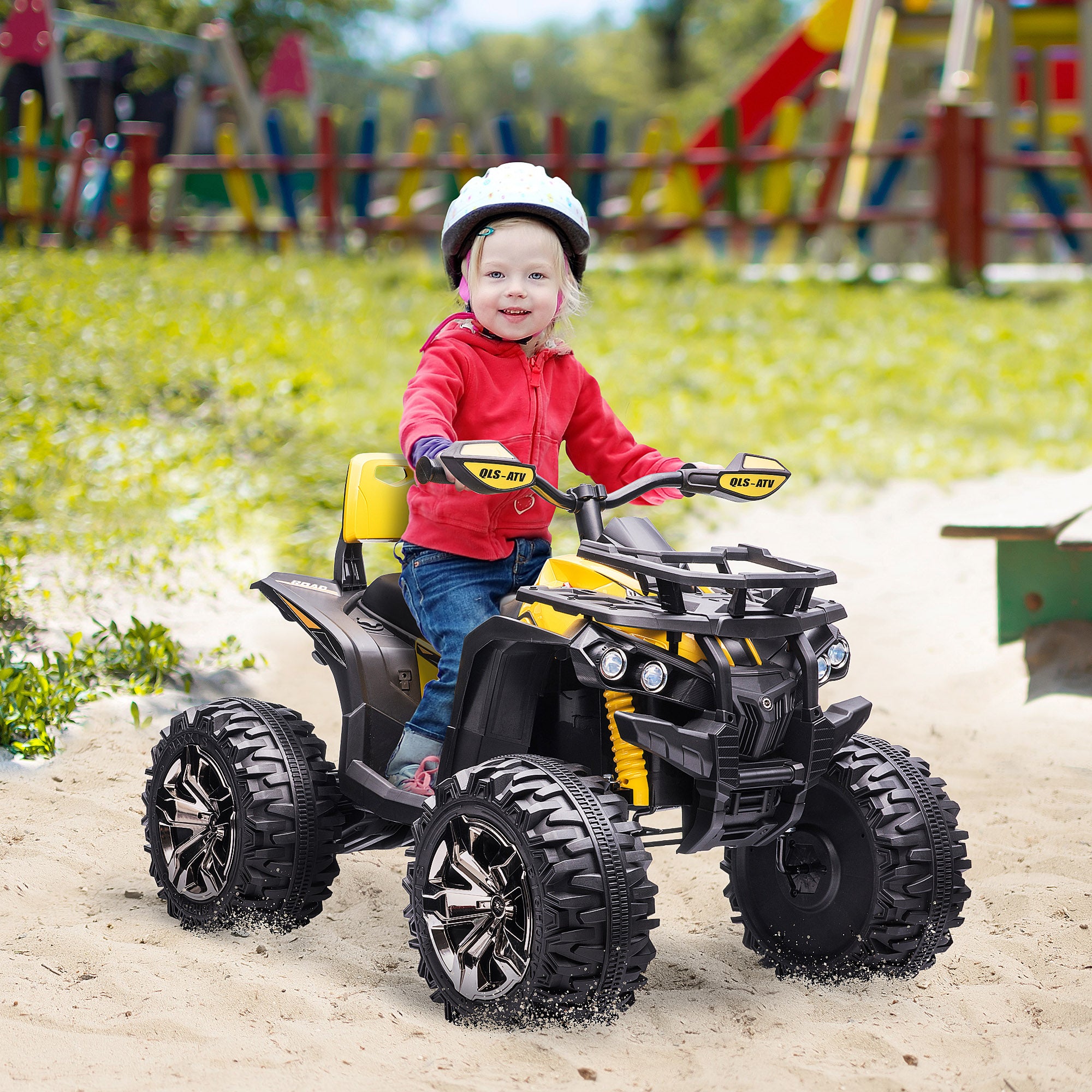 Electric Quad for Kids, 12V 10Ah Kids' Quad with Forward, Reverse Function, 2 Motors, USB Connection, MP3 Music Player, Kids Vehicle with Headlight 3-8 km/h, for 3-5 Years, Yellow