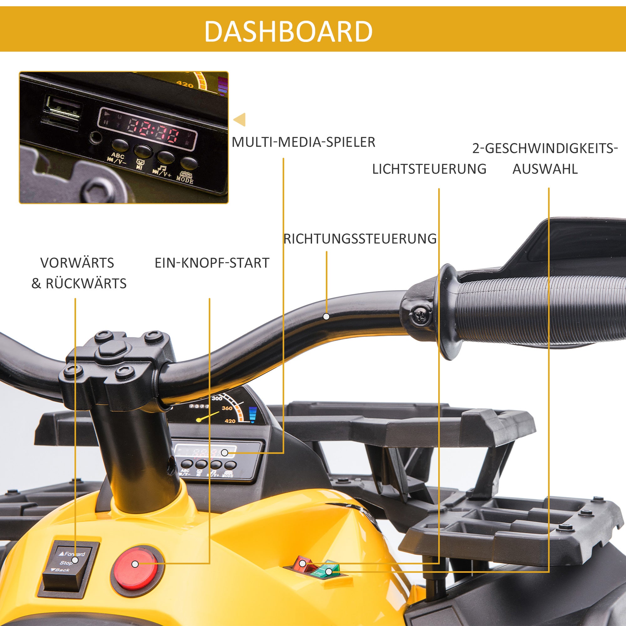 Electric Quad for Kids, 12V 10Ah Kids' Quad with Forward, Reverse Function, 2 Motors, USB Connection, MP3 Music Player, Kids Vehicle with Headlight 3-8 km/h, for 3-5 Years, Yellow