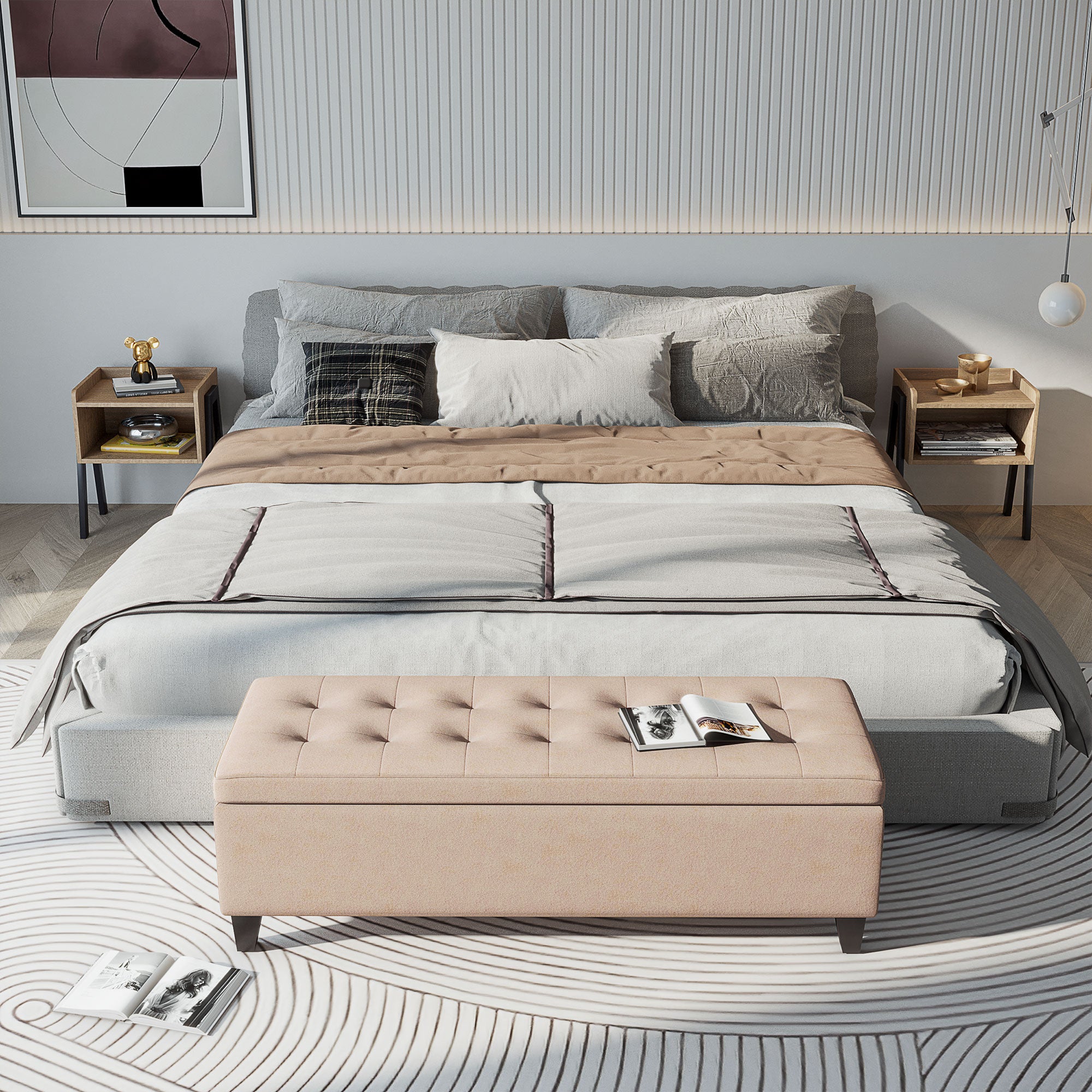 Bench, Upholstered Storage Bench, Bed Bench with Lid, Linen Look, Trunk Bench, Storage Bench for Living Room, Bedroom, Beige, 125 x 49 x 41.5 cm