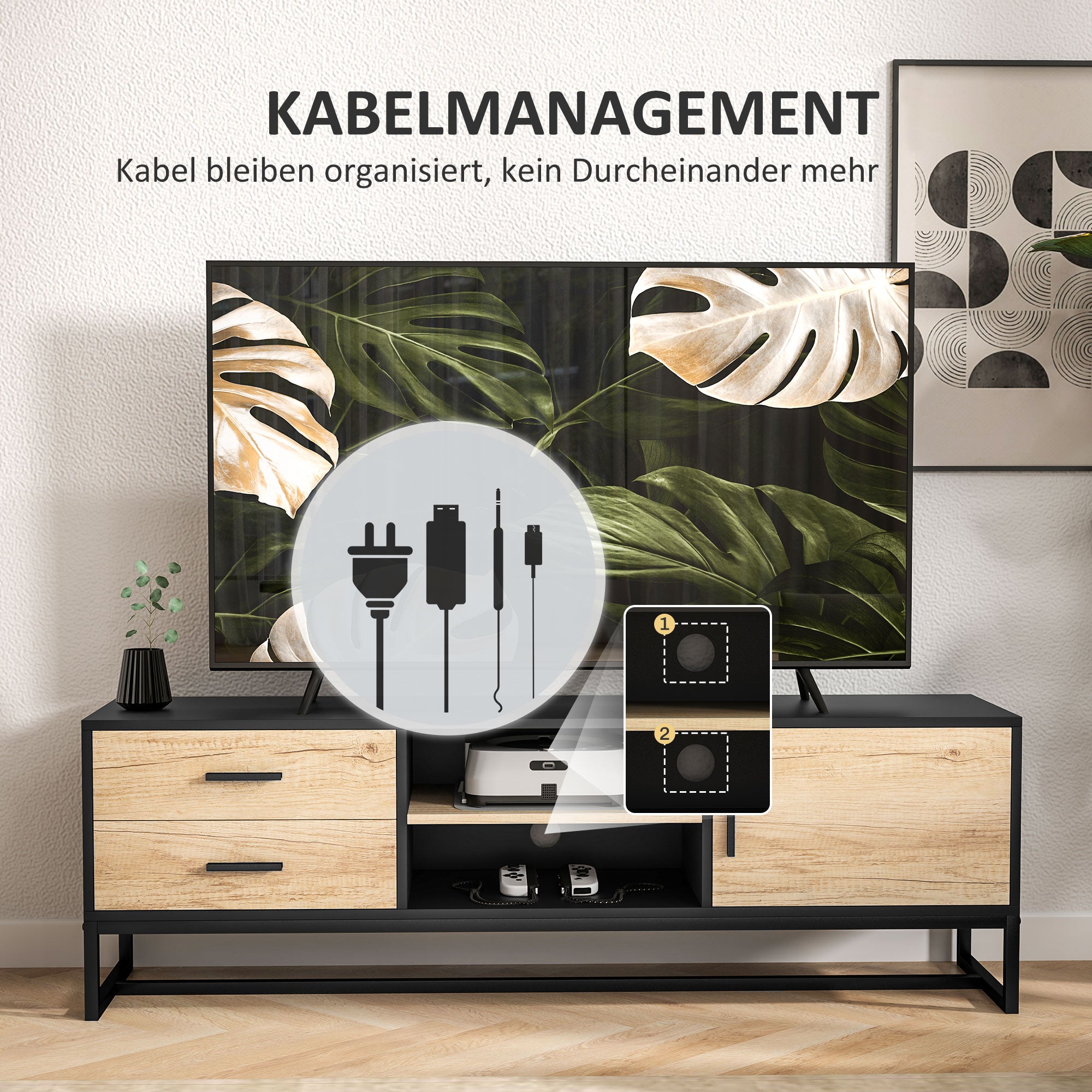 TV Cabinet TV Board with Cabinet, Drawers, 2 Open Compartments 140 cm Long TV Stand with Cable Management for TVs up to 60 Inches for Living Room Black 140x35x45cm