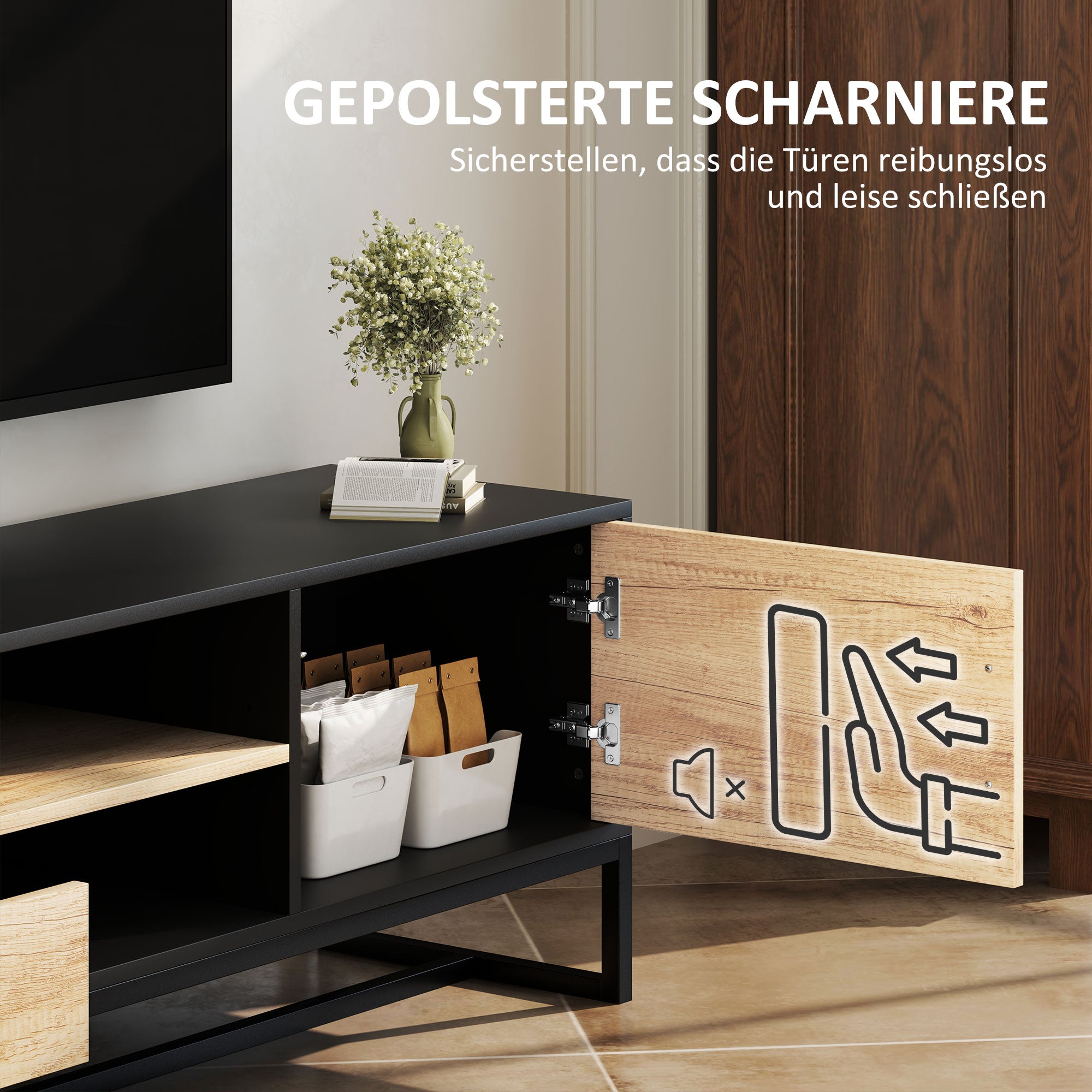 TV Cabinet TV Board with Cabinet, Drawers, 2 Open Compartments 140 cm Long TV Stand with Cable Management for TVs up to 60 Inches for Living Room Black 140x35x45cm