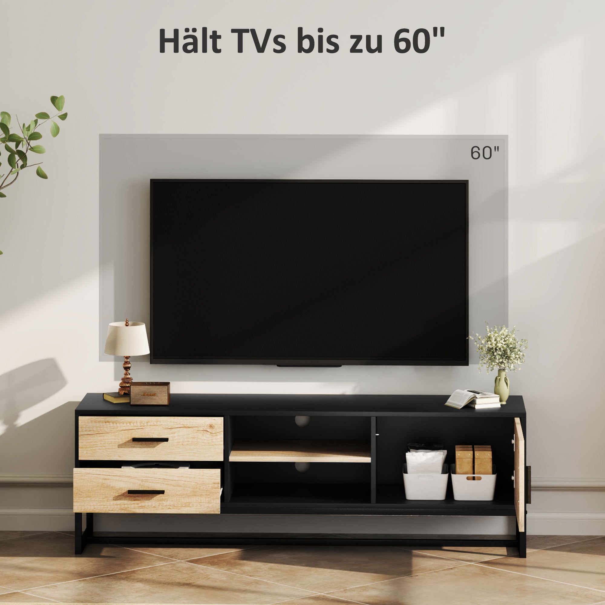 TV Cabinet TV Board with Cabinet, Drawers, 2 Open Compartments 140 cm Long TV Stand with Cable Management for TVs up to 60 Inches for Living Room Black 140x35x45cm