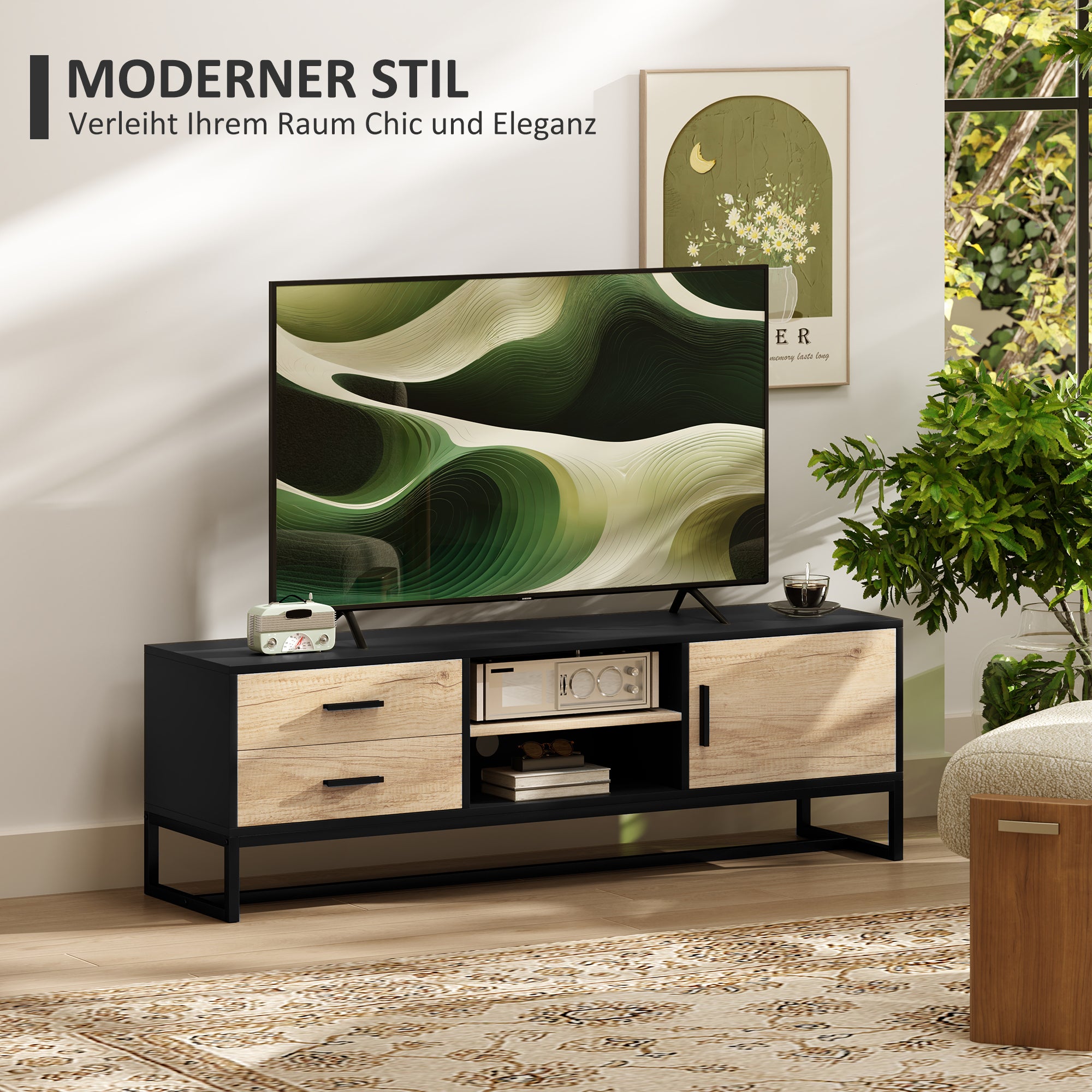 TV Cabinet TV Board with Cabinet, Drawers, 2 Open Compartments 140 cm Long TV Stand with Cable Management for TVs up to 60 Inches for Living Room Black 140x35x45cm