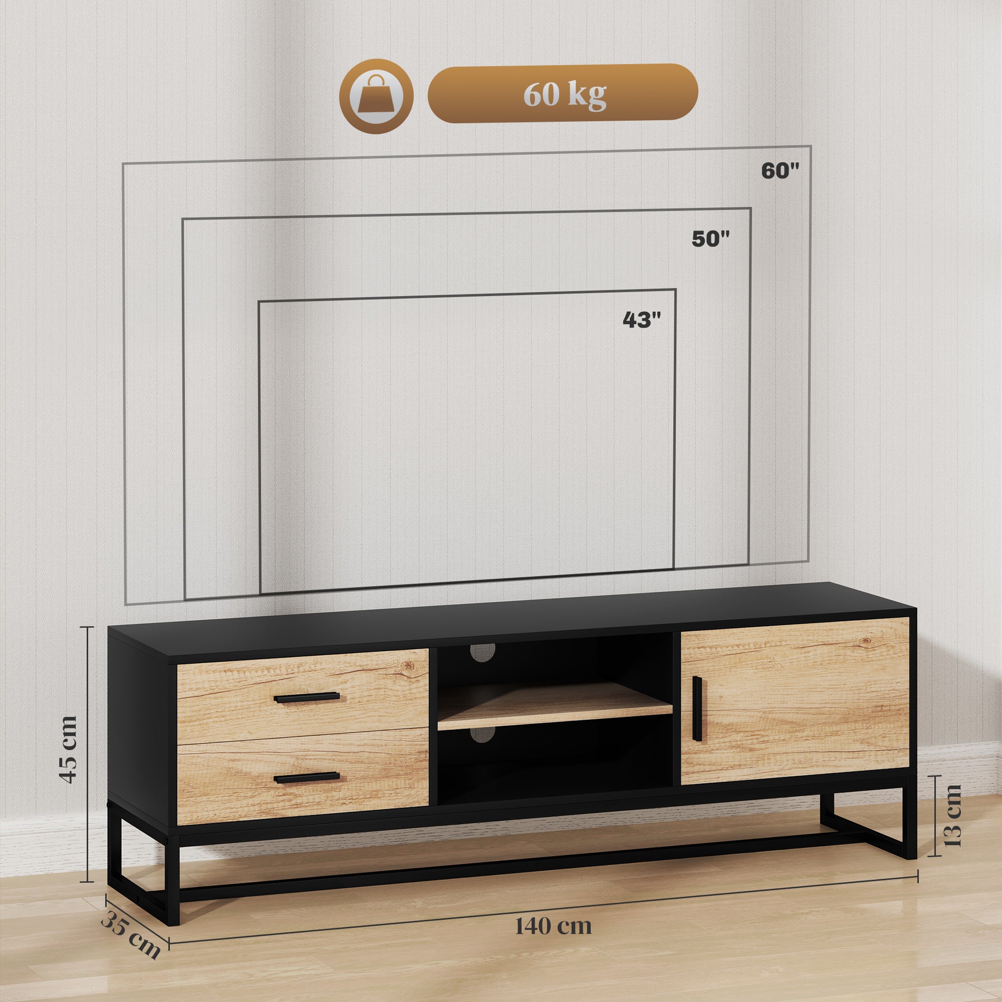 TV Cabinet TV Board with Cabinet, Drawers, 2 Open Compartments 140 cm Long TV Stand with Cable Management for TVs up to 60 Inches for Living Room Black 140x35x45cm