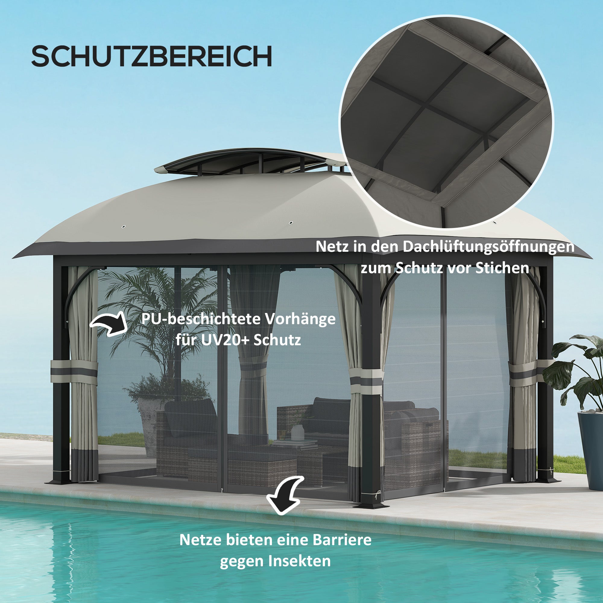 Pavilion with Double Roof, 4x3.3m Waterproof Sturdy Winterproof Garden Pavilion with Mosquito Net, Side Panels, Garden Pavilion Made of Galvanized Metal, for Garden, Terrace, Light Gray