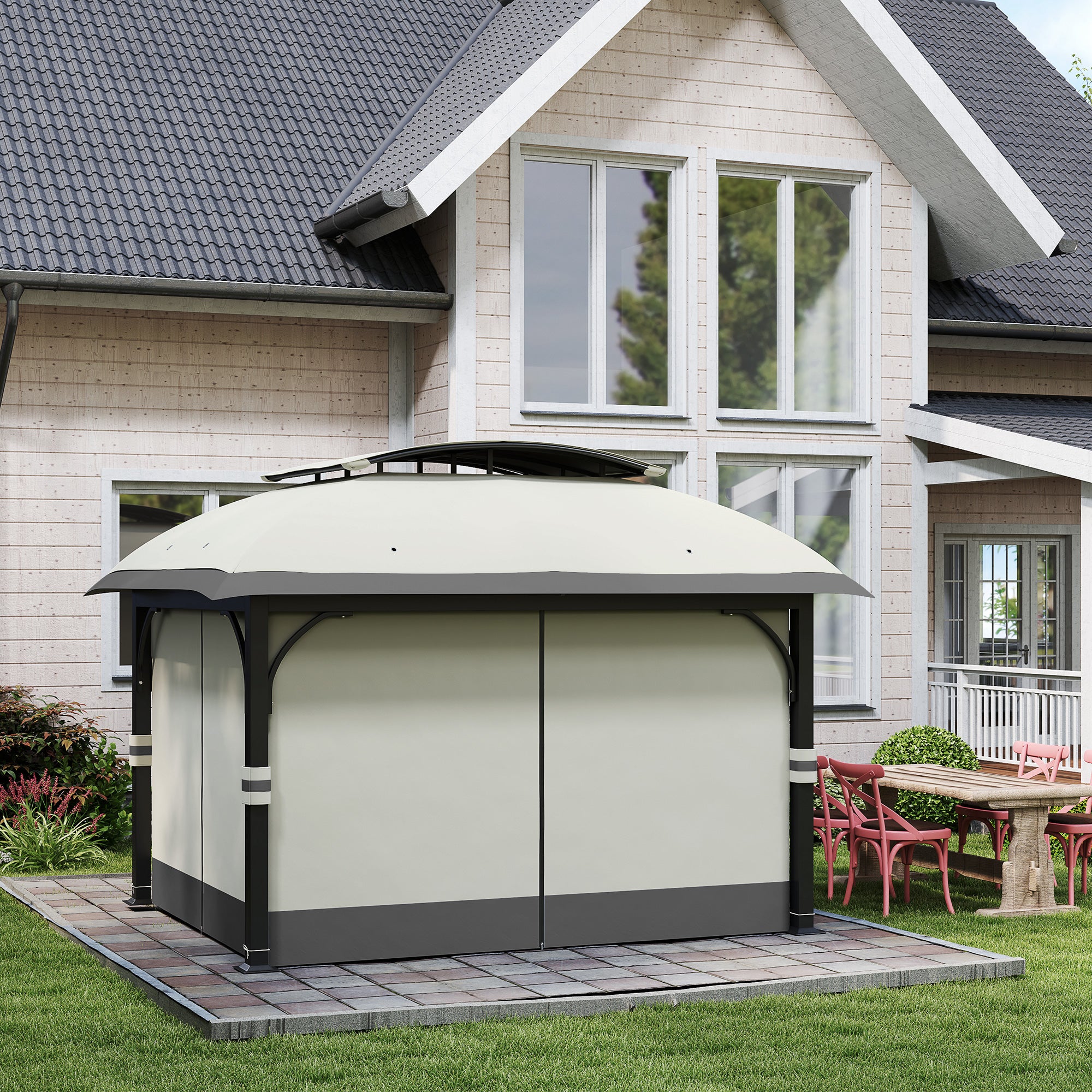 Pavilion with Double Roof, 4x3.3m Waterproof Sturdy Winterproof Garden Pavilion with Mosquito Net, Side Panels, Garden Pavilion Made of Galvanized Metal, for Garden, Terrace, Light Gray