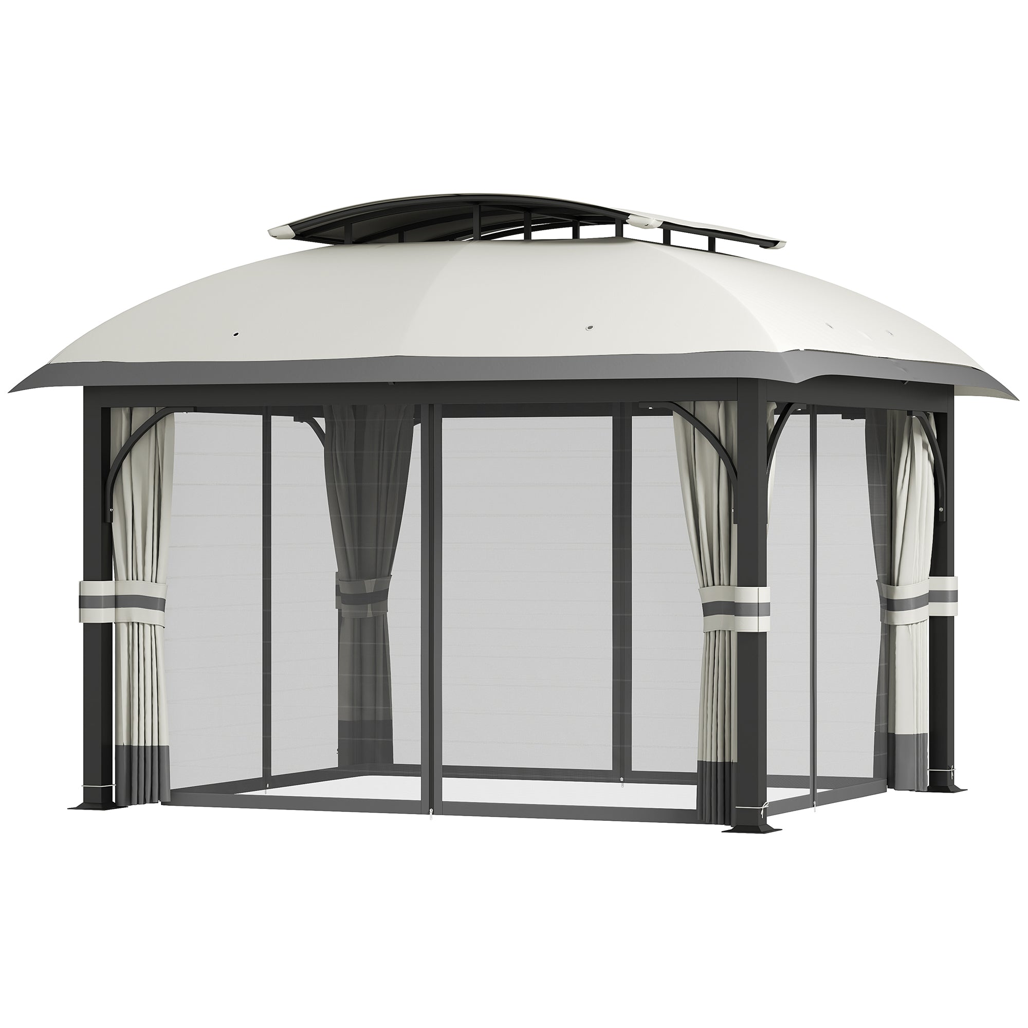 Pavilion with Double Roof, 4x3.3m Waterproof Sturdy Winterproof Garden Pavilion with Mosquito Net, Side Panels, Garden Pavilion Made of Galvanized Metal, for Garden, Terrace, Light Gray