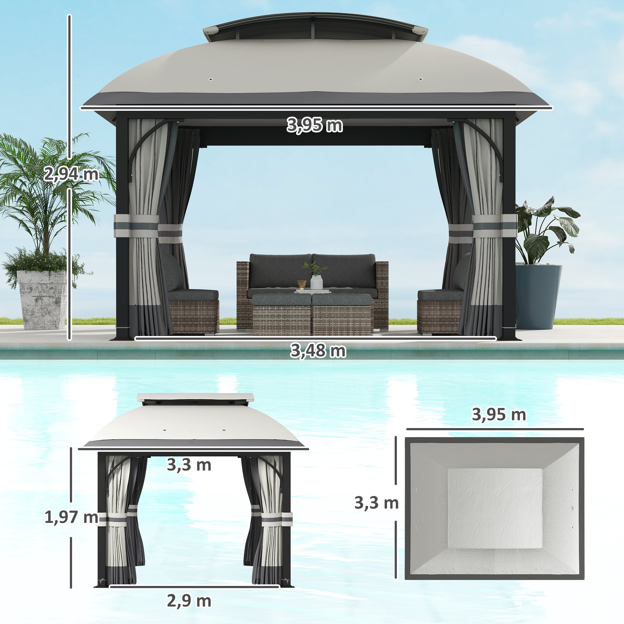 Pavilion with Double Roof, 4x3.3m Waterproof Sturdy Winterproof Garden Pavilion with Mosquito Net, Side Panels, Garden Pavilion Made of Galvanized Metal, for Garden, Terrace, Light Gray