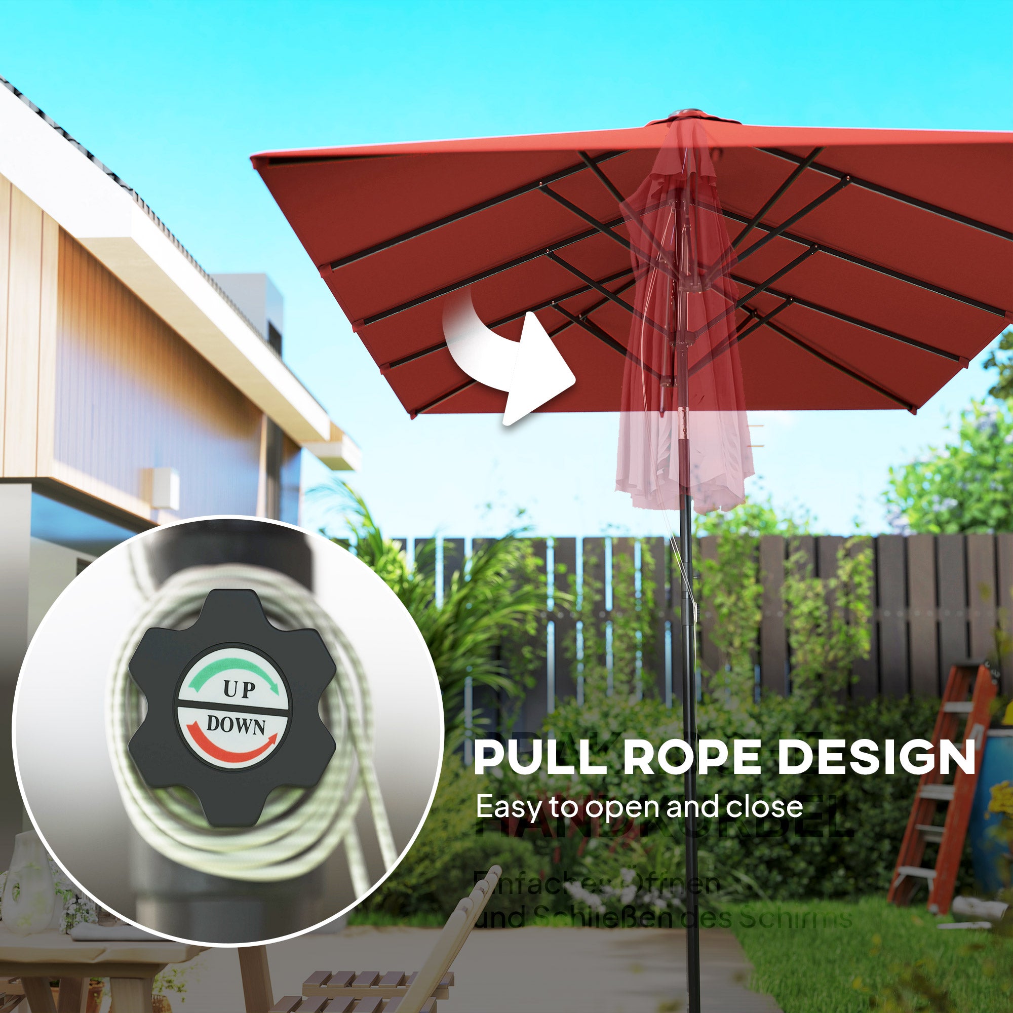 Double Rectangular Patio Umbrella, 5' x 9.7' (59" x 116"), Adjustable Height & Tilt, Wine Red