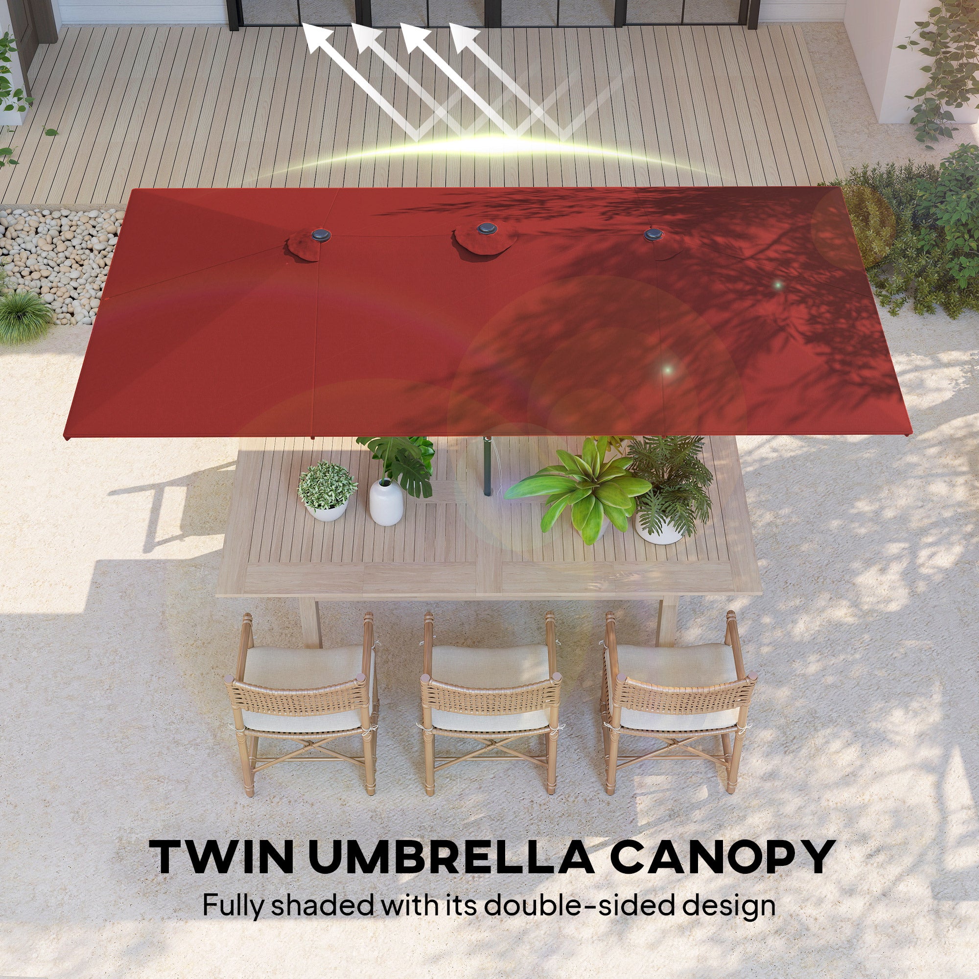 Double Rectangular Patio Umbrella, 5' x 9.7' (59" x 116"), Adjustable Height & Tilt, Wine Red