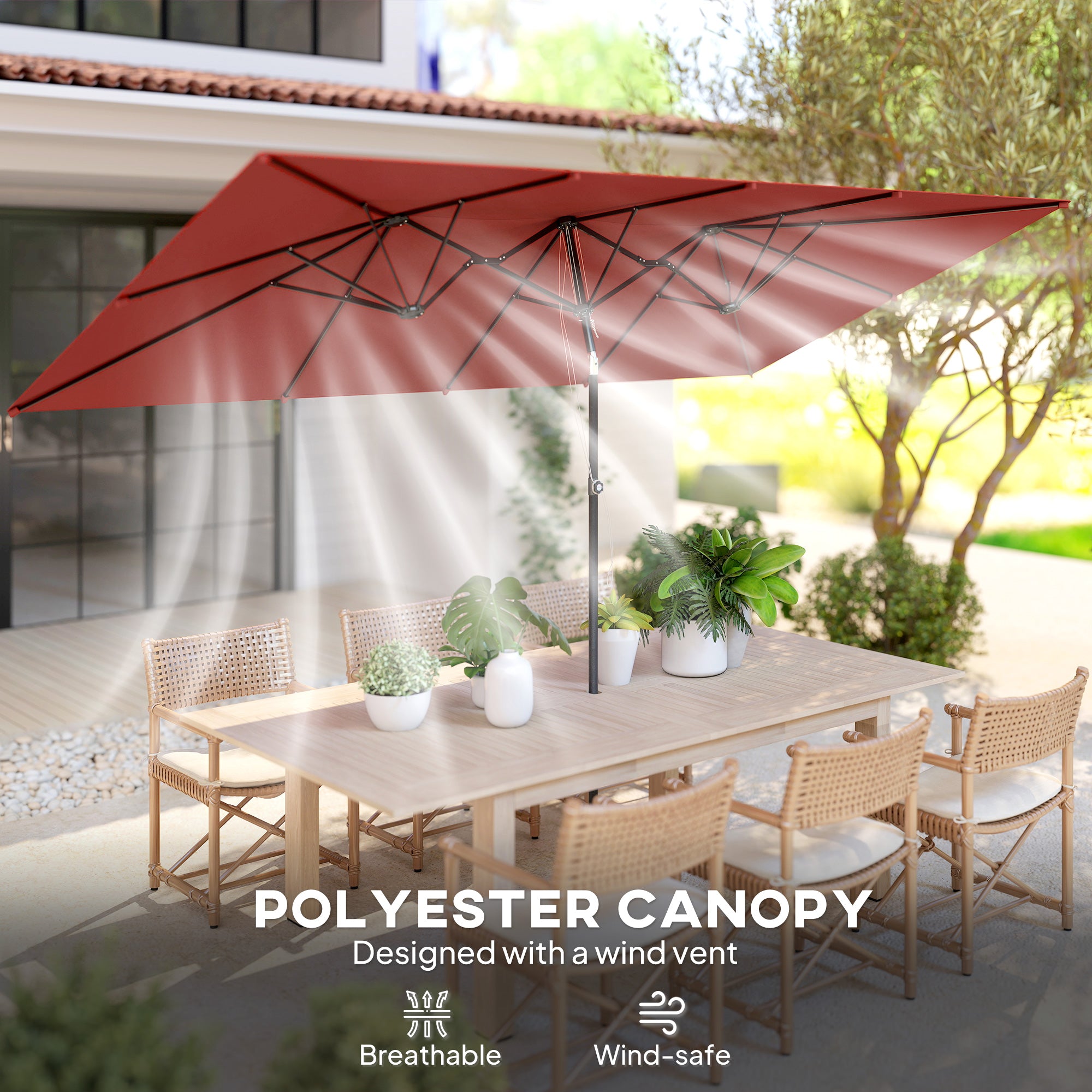 Double Rectangular Patio Umbrella, 5' x 9.7' (59" x 116"), Adjustable Height & Tilt, Wine Red