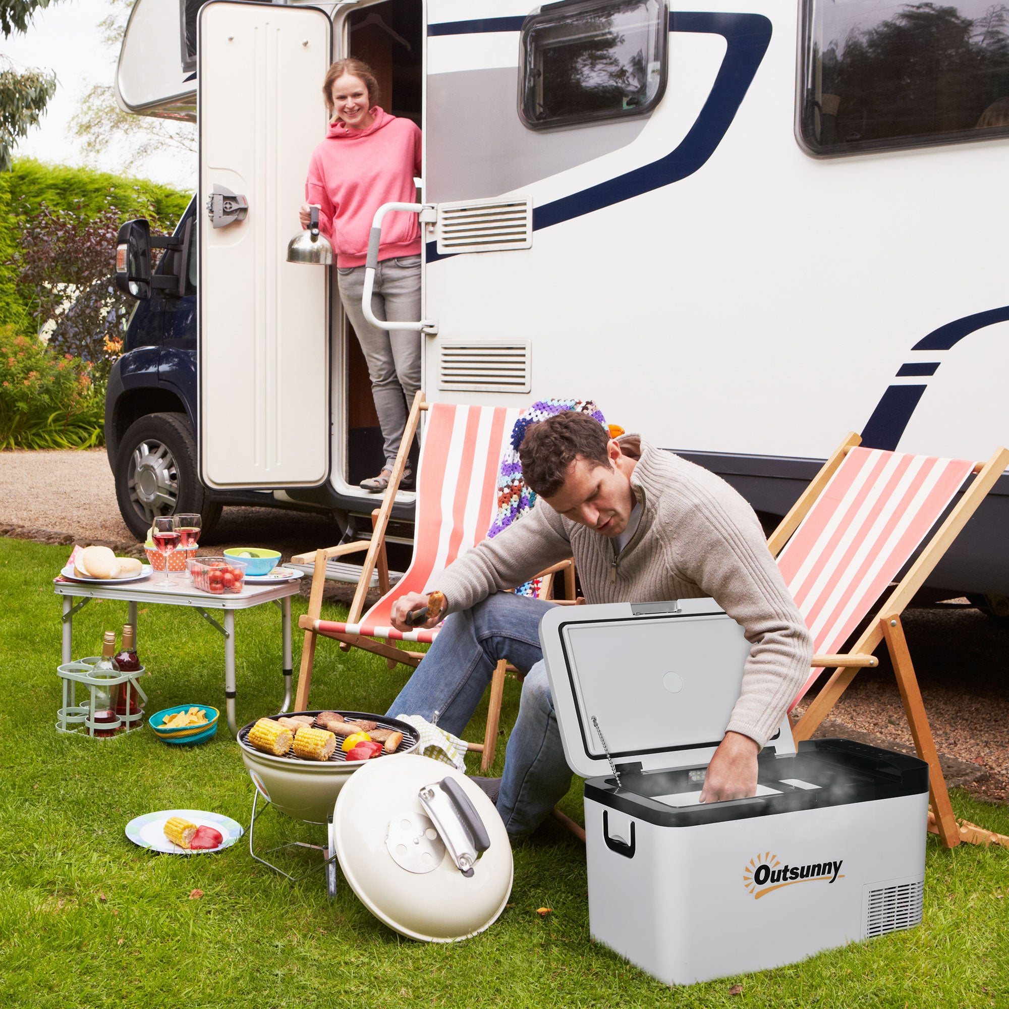 Portable Electric Cooler 25L 12/24V up to -20℃ Compressor Fridge and Freezer for Car with LED Light and Foldable Handles Low Energy Consumption for Home Camping 58.5x33.5x35.2 cm White
