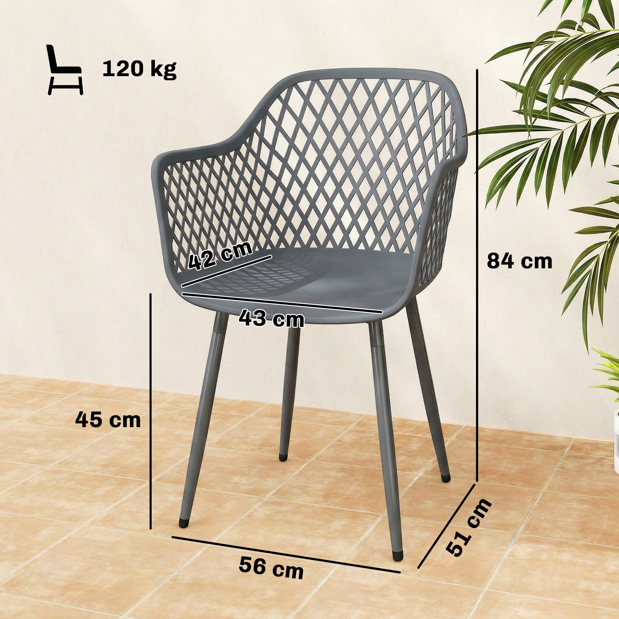 4-Pack Garden Chairs — UV-Resistant Plastic with Armrests & Backrest, Powder-Coated Metal Legs, 120 kg Capacity, Dark Gray