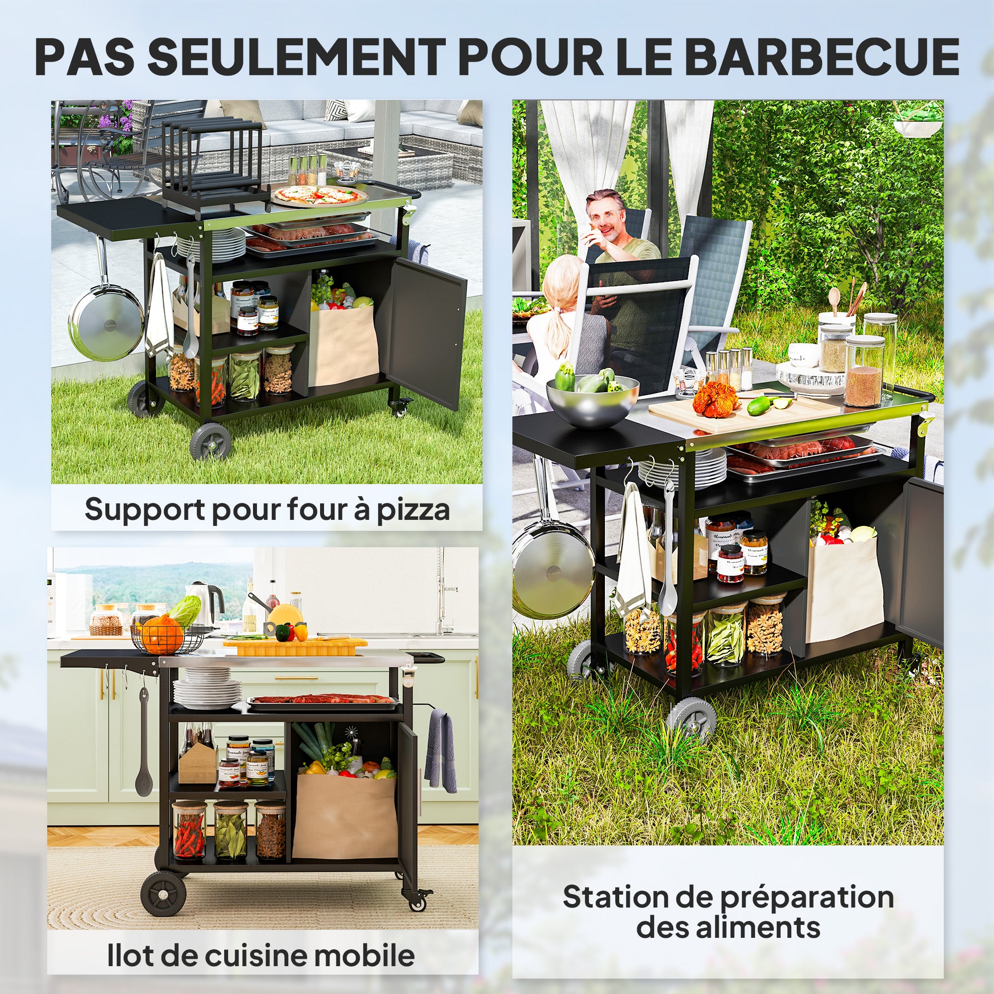 Outdoor BBQ Trolley Cart with Stainless Steel Top, Folding Shelf, Hooks, Cover Included, Outdoor Rolling Cart, 127x51x84cm, Black