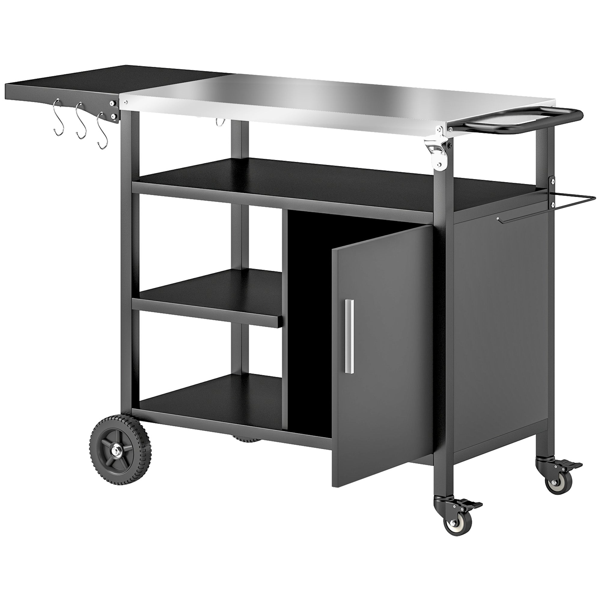 Outdoor BBQ Trolley Cart with Stainless Steel Top, Folding Shelf, Hooks, Cover Included, Outdoor Rolling Cart, 127x51x84cm, Black