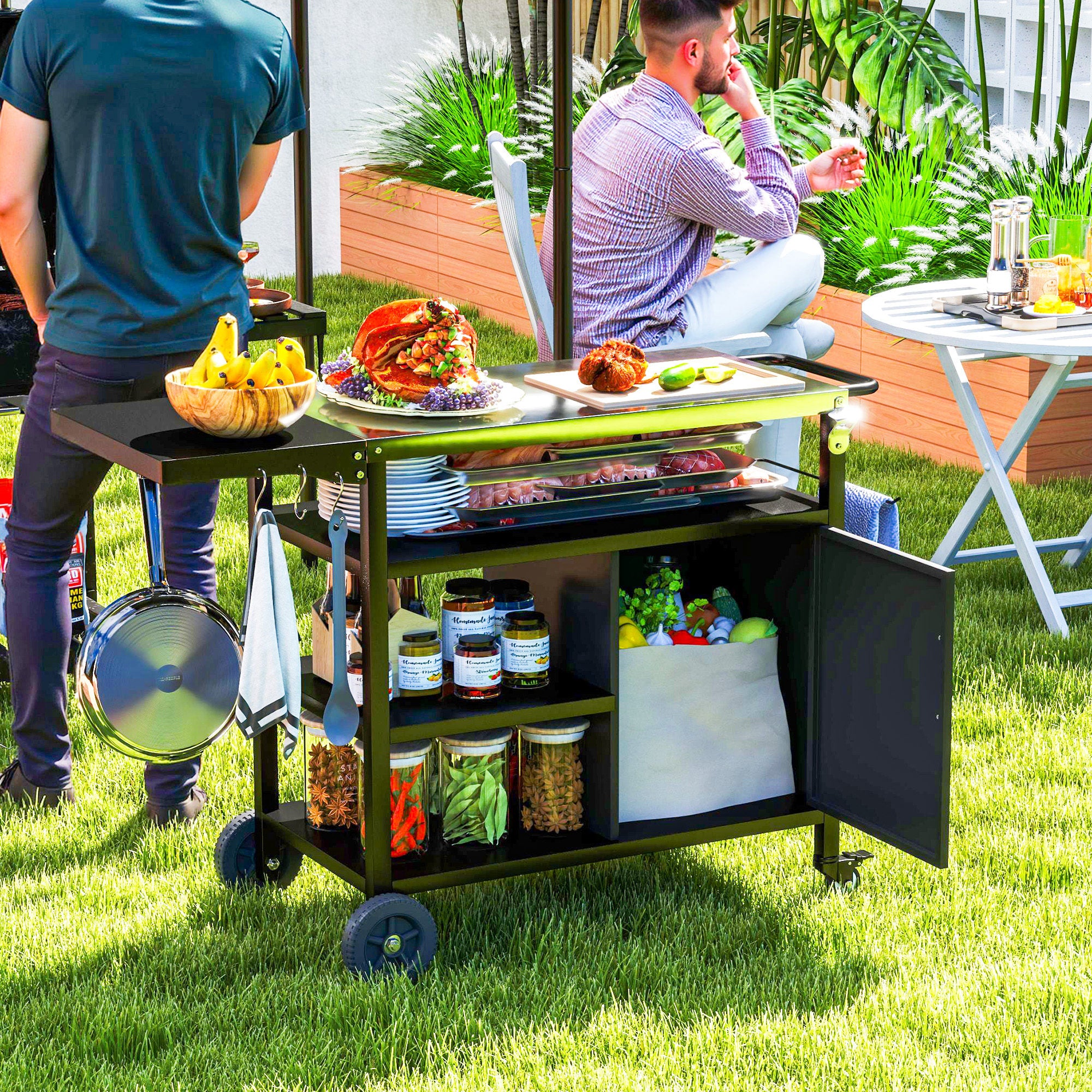 Outdoor BBQ Trolley Cart with Stainless Steel Top, Folding Shelf, Hooks, Cover Included, Outdoor Rolling Cart, 127x51x84cm, Black