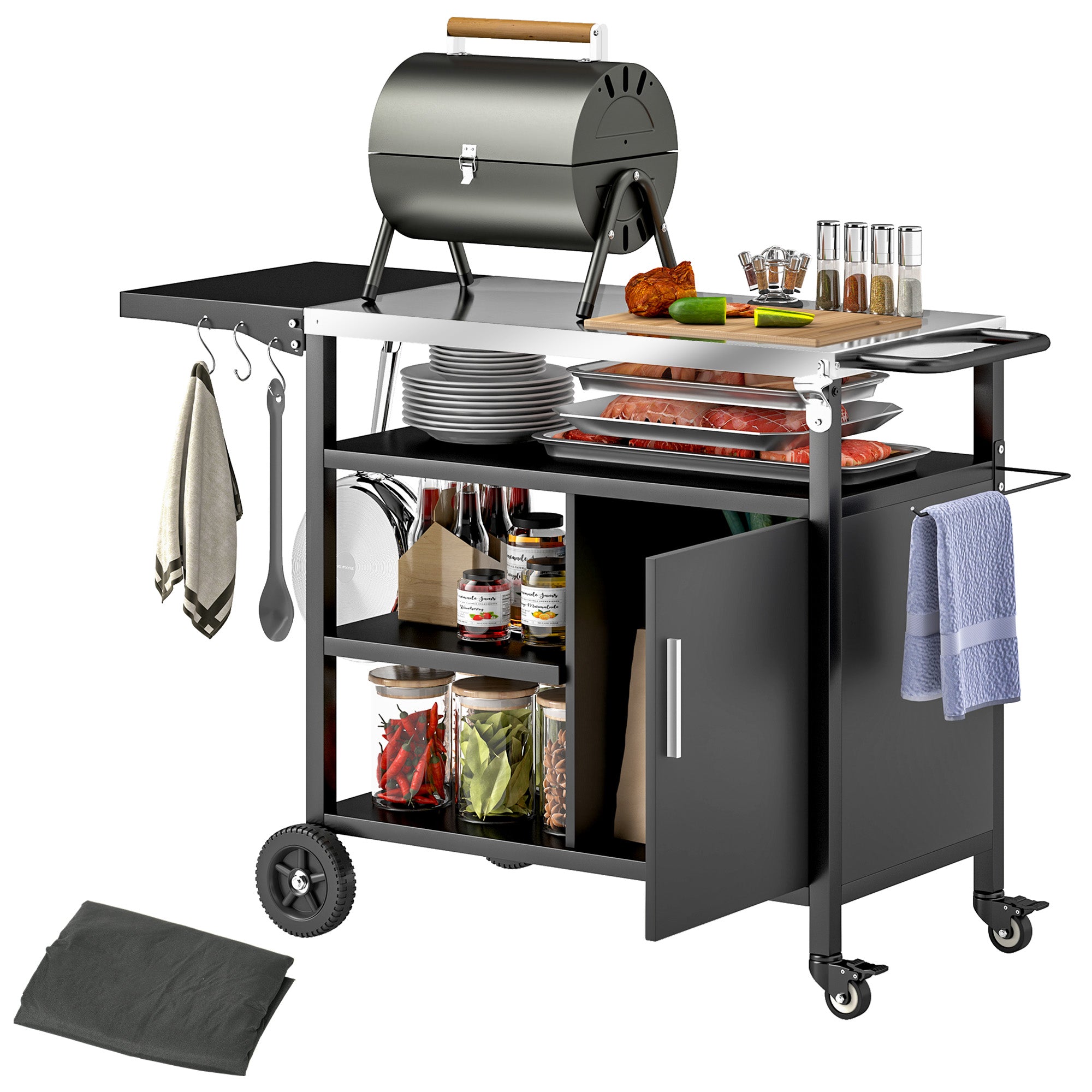 Outdoor BBQ Trolley Cart with Stainless Steel Top, Folding Shelf, Hooks, Cover Included, Outdoor Rolling Cart, 127x51x84cm, Black