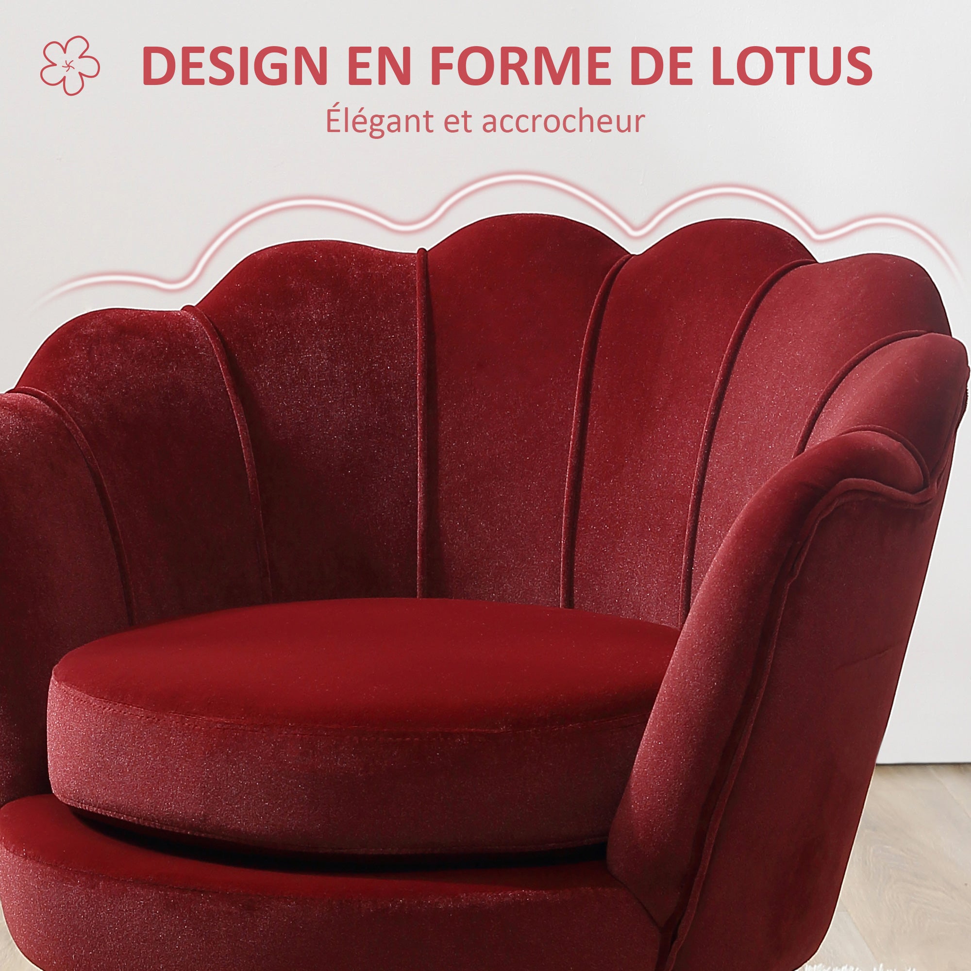 Velvet Club Chair with Golden Metal Legs for Bedroom, 76 x 67 x 74 cm, Wine Red