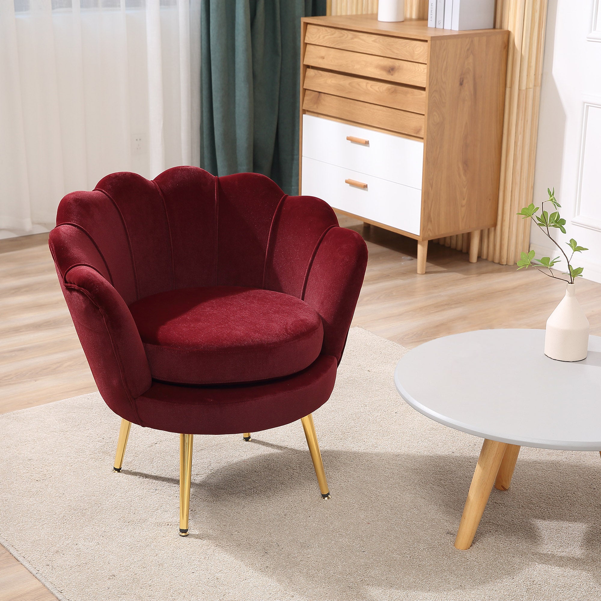 Velvet Club Chair with Golden Metal Legs for Bedroom, 76 x 67 x 74 cm, Wine Red