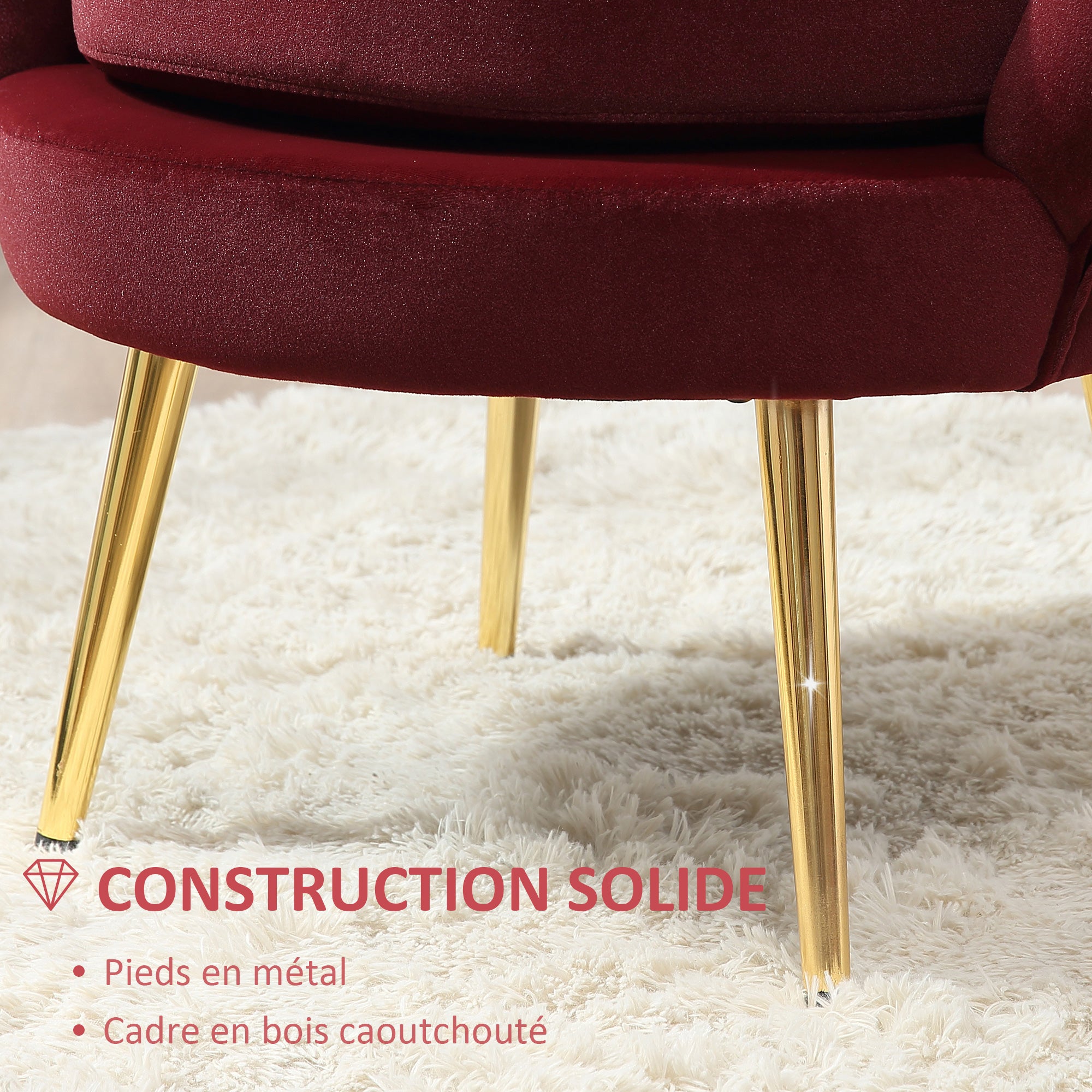 Velvet Club Chair with Golden Metal Legs for Bedroom, 76 x 67 x 74 cm, Wine Red
