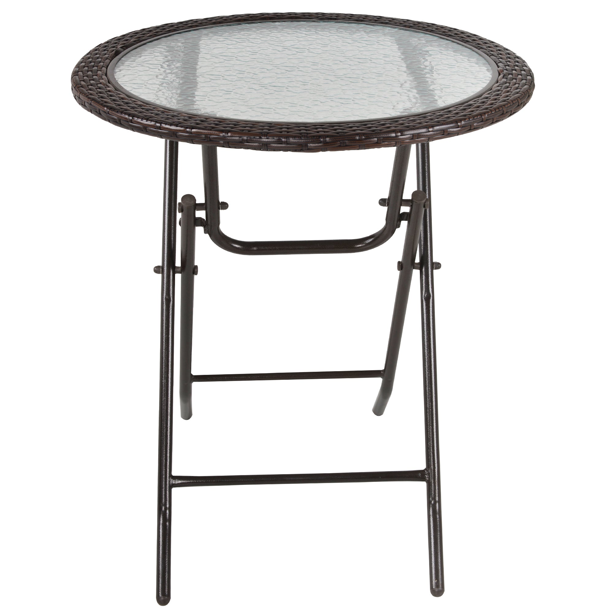 Garden Table, Round Folding Table, Ø68 cm Camping Table, Side Table, Garden Dining Table with Rattan Decor, for Balcony, Terrace, Steel, Brown