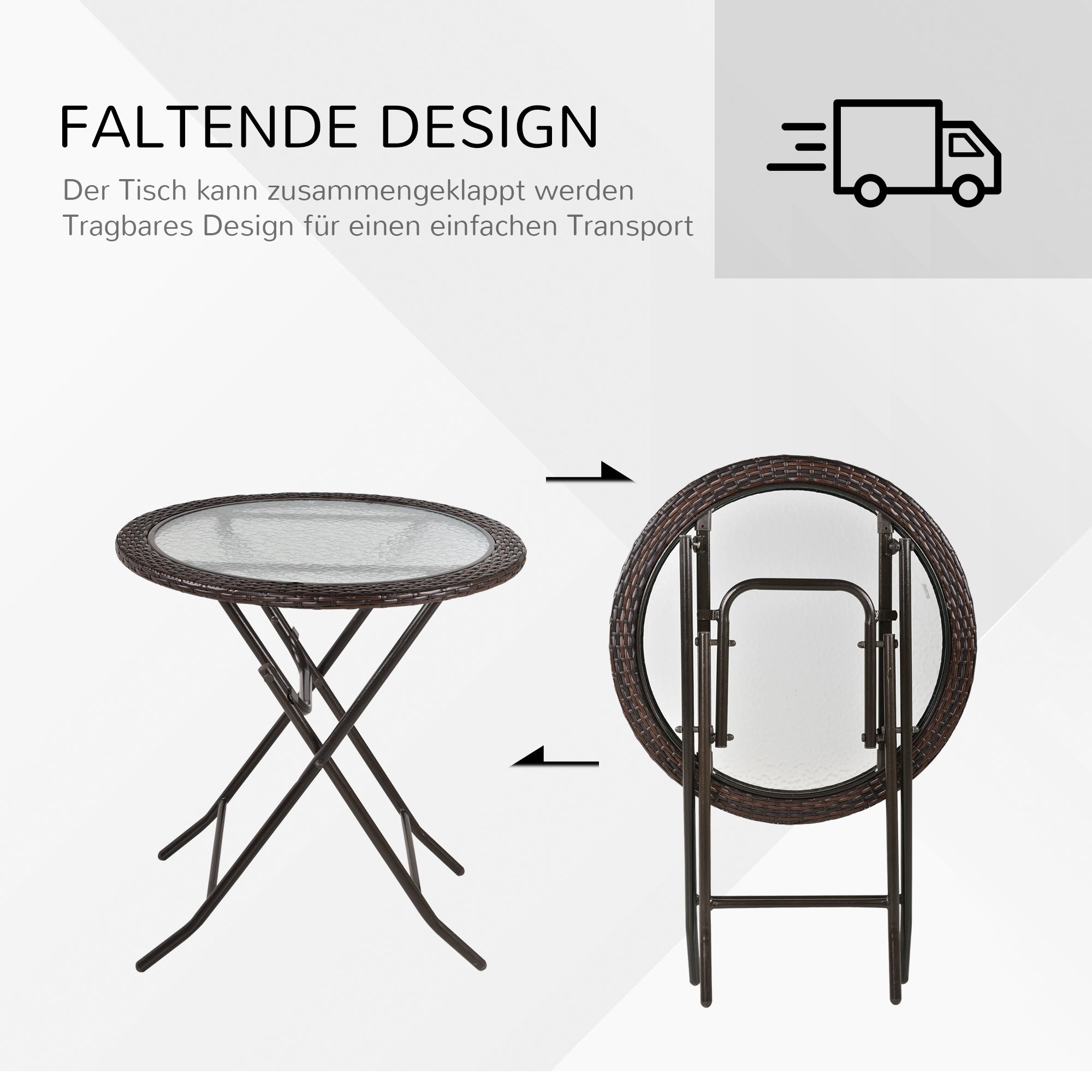 Garden Table, Round Folding Table, Ø68 cm Camping Table, Side Table, Garden Dining Table with Rattan Decor, for Balcony, Terrace, Steel, Brown