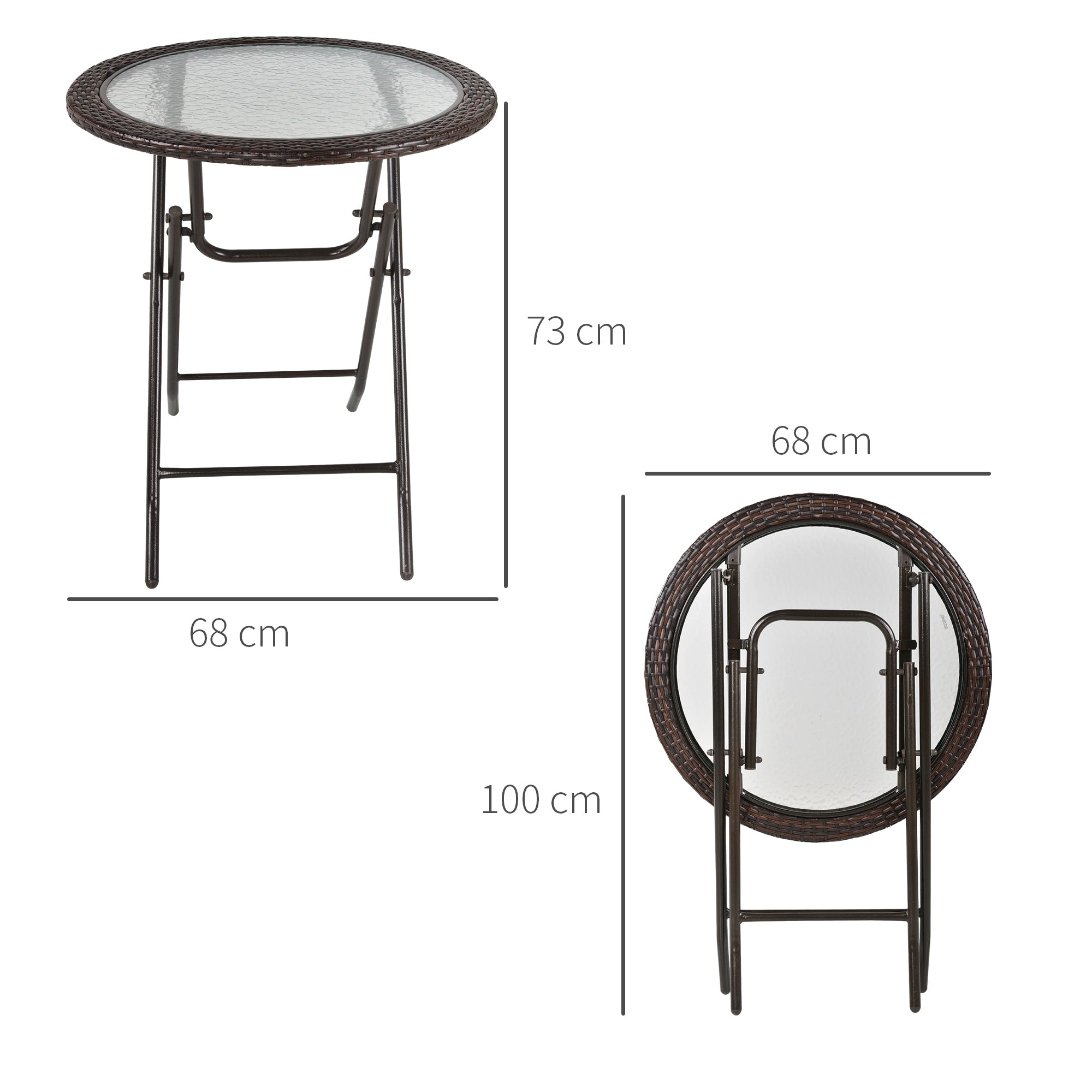 Garden Table, Round Folding Table, Ø68 cm Camping Table, Side Table, Garden Dining Table with Rattan Decor, for Balcony, Terrace, Steel, Brown