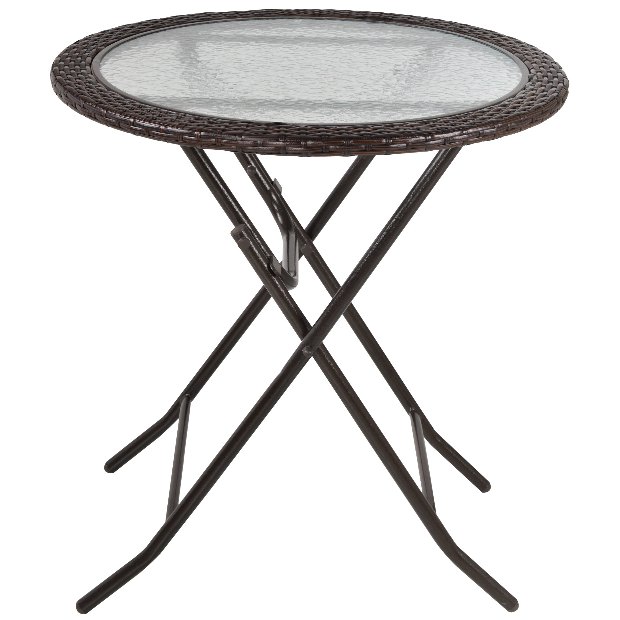 Garden Table, Round Folding Table, Ø68 cm Camping Table, Side Table, Garden Dining Table with Rattan Decor, for Balcony, Terrace, Steel, Brown