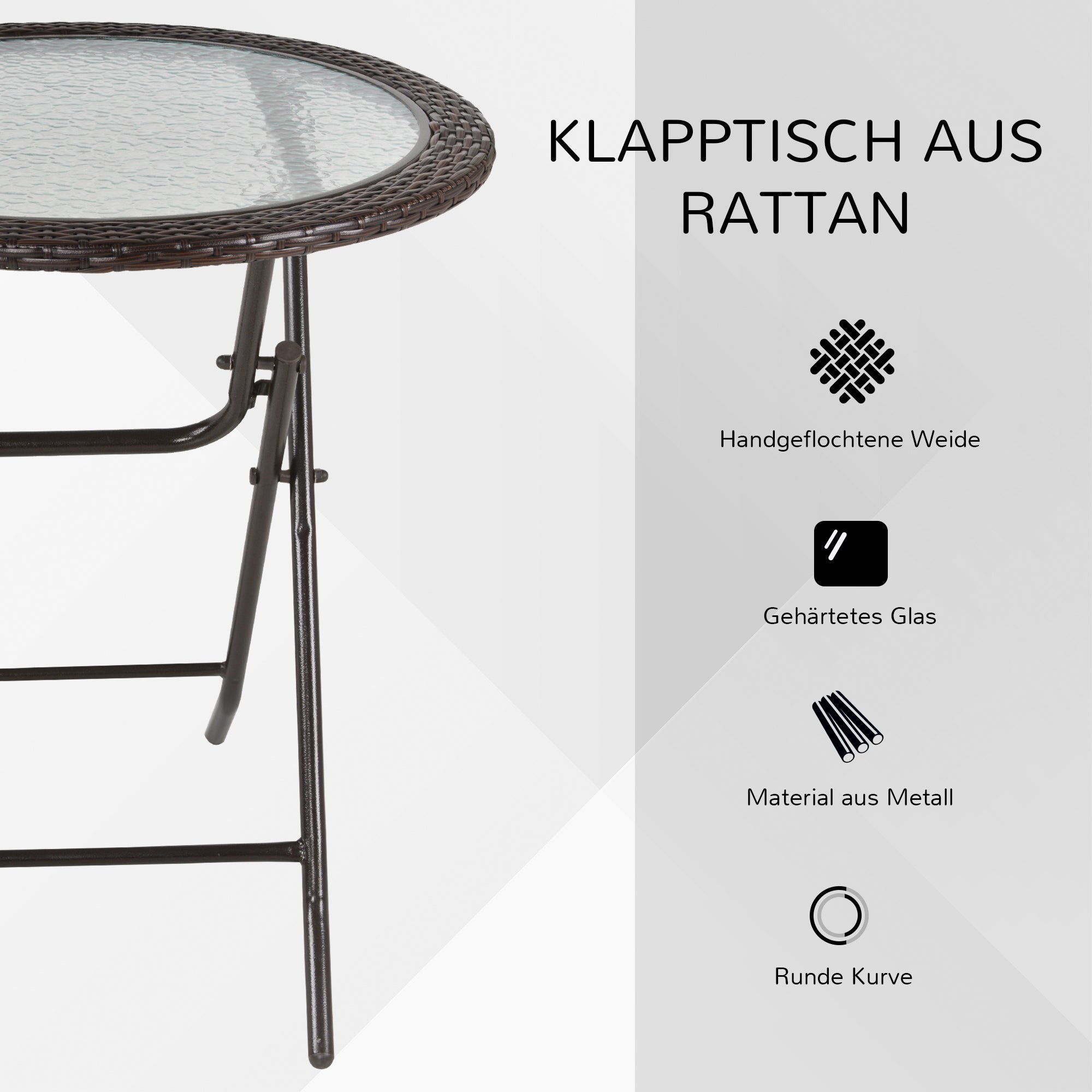 Garden Table, Round Folding Table, Ø68 cm Camping Table, Side Table, Garden Dining Table with Rattan Decor, for Balcony, Terrace, Steel, Brown