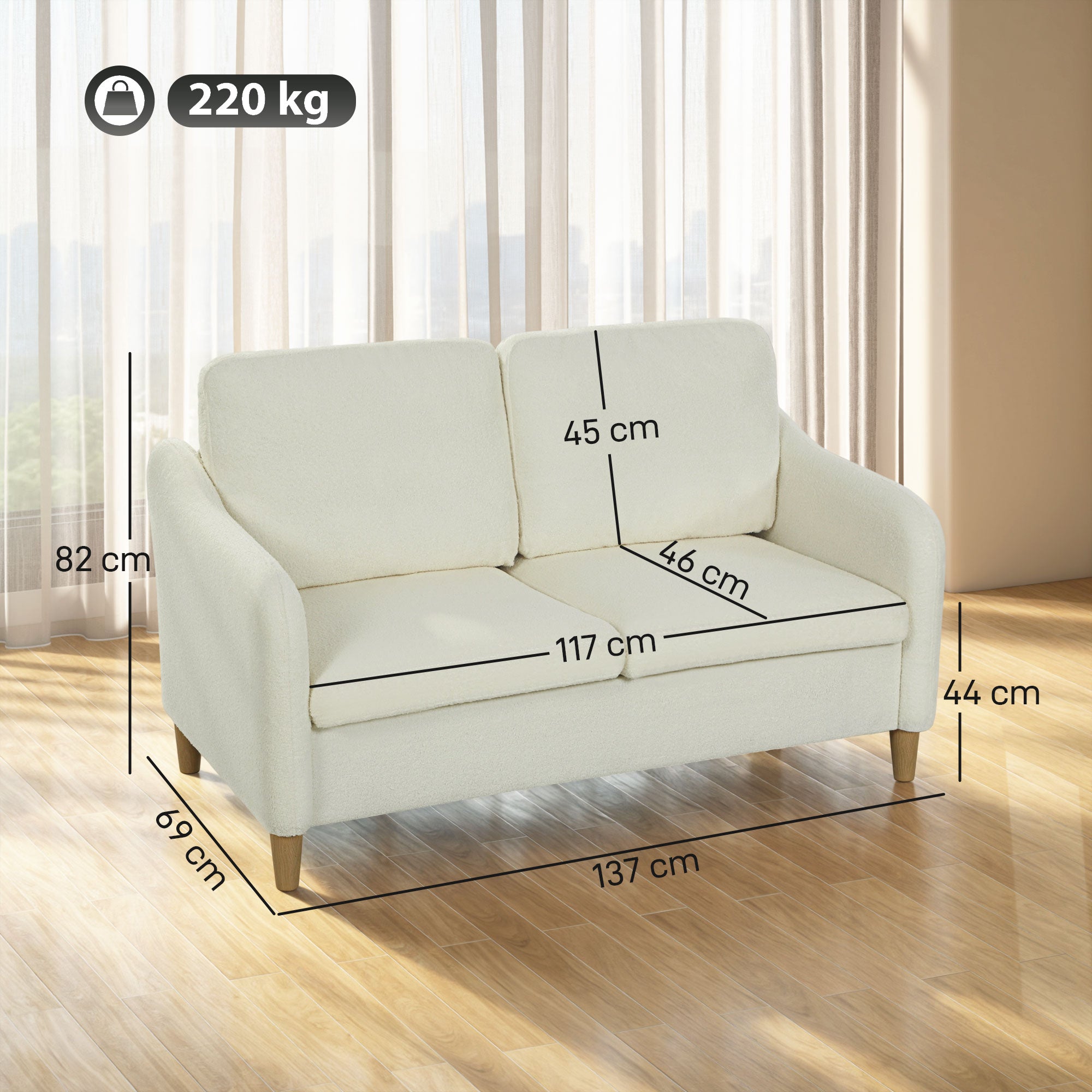 2-Seater Sherpa Upholstered Sofa — Removable Covers, Eucalyptus Legs, Space-Saving, 54 x 27 x 32 in, Cream