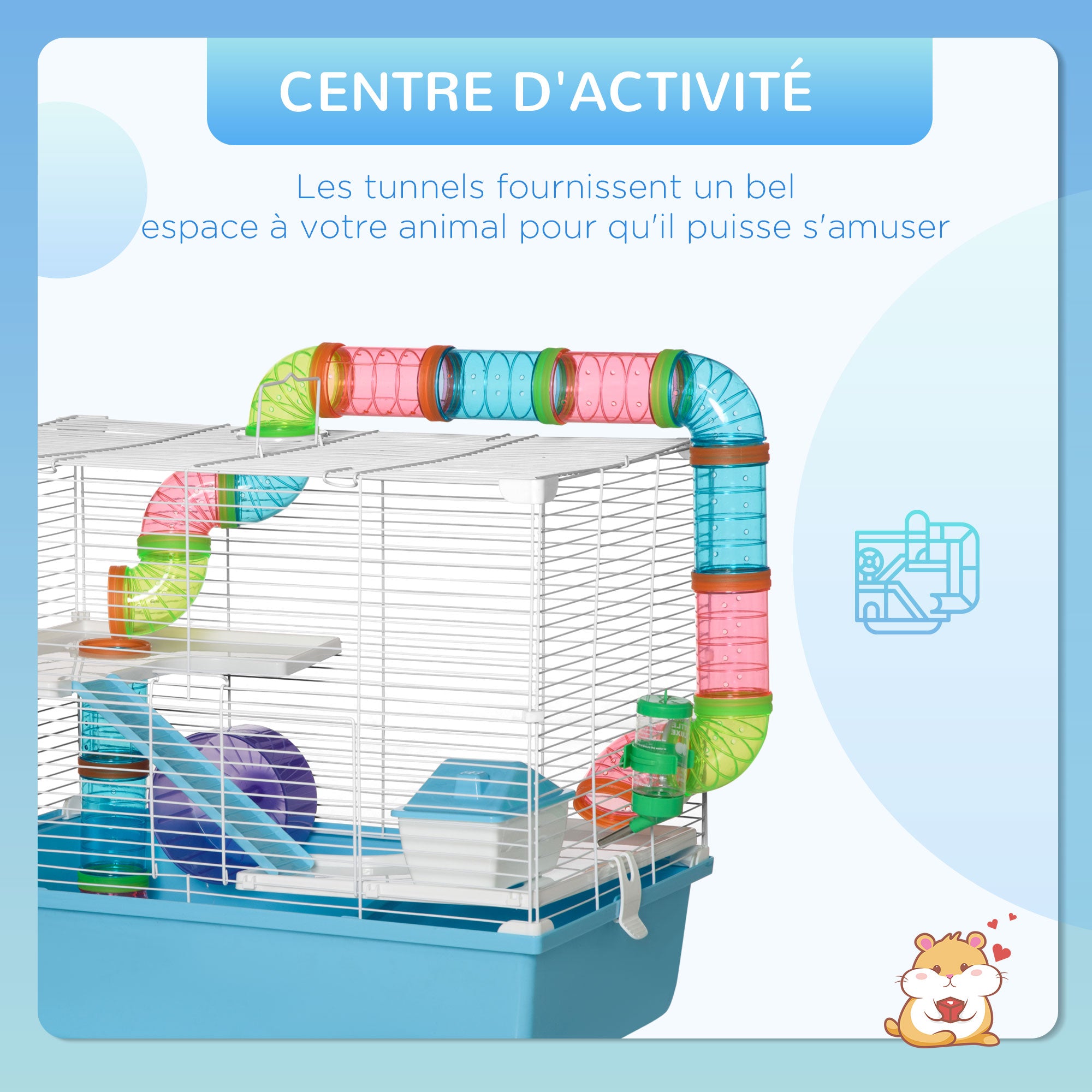 Hamster Rat Rodent Cage 3 Levels with Tunnel, Water Bottle, Wheel, House, Ladders dim. 59L x 36W x 47H cm