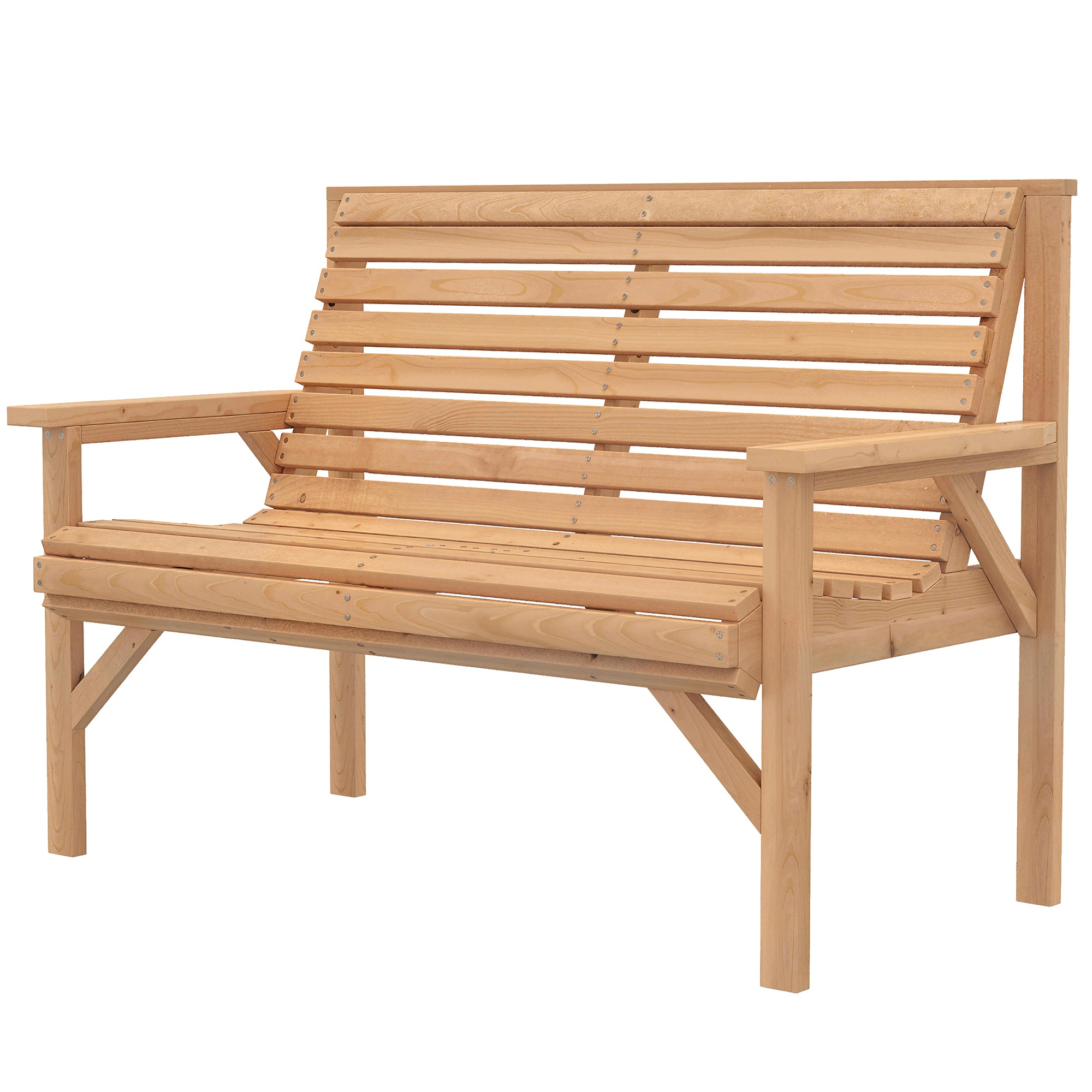 2-Seater Wooden Garden Bench — Slatted Bench with Armrests & Backrest, Fir Wood Frame for Garden, Balcony & Patio