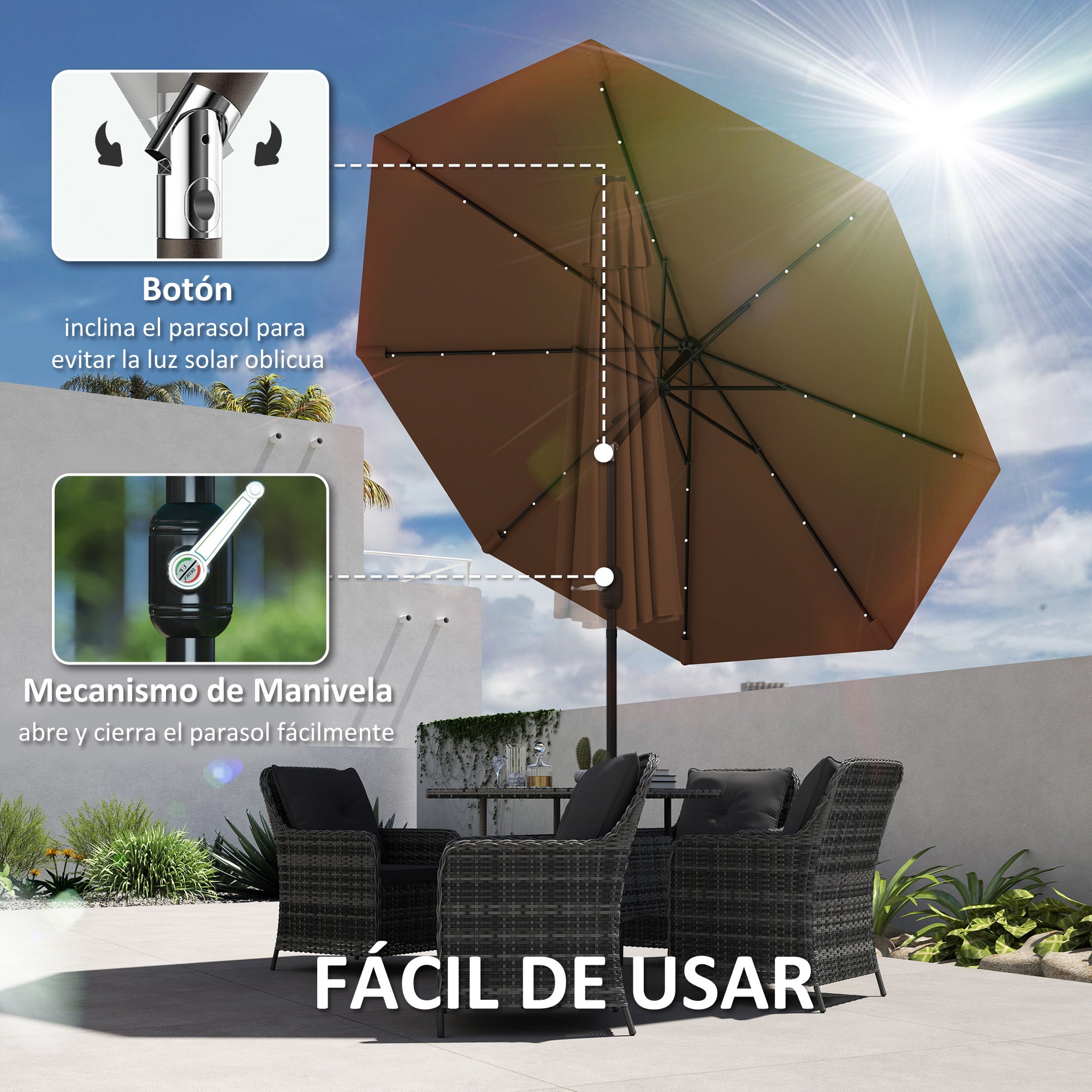 Terrace Outdoor Umbrella Ø265 cm Garden Umbrella with 32 Solar LED Lights Steel Pole and Crank Tilted Parasol for Patio Terrace Brown
