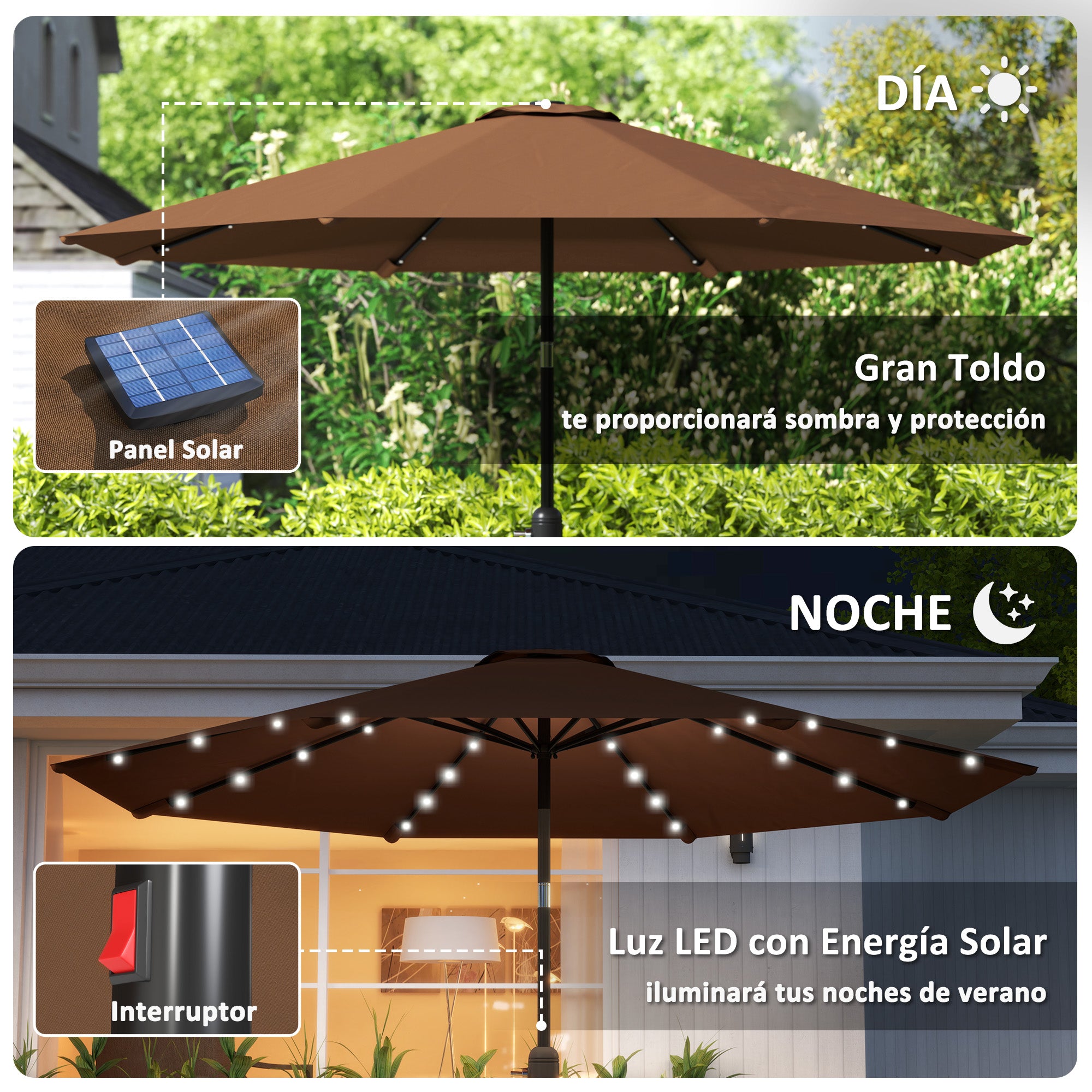 Terrace Outdoor Umbrella Ø265 cm Garden Umbrella with 32 Solar LED Lights Steel Pole and Crank Tilted Parasol for Patio Terrace Brown