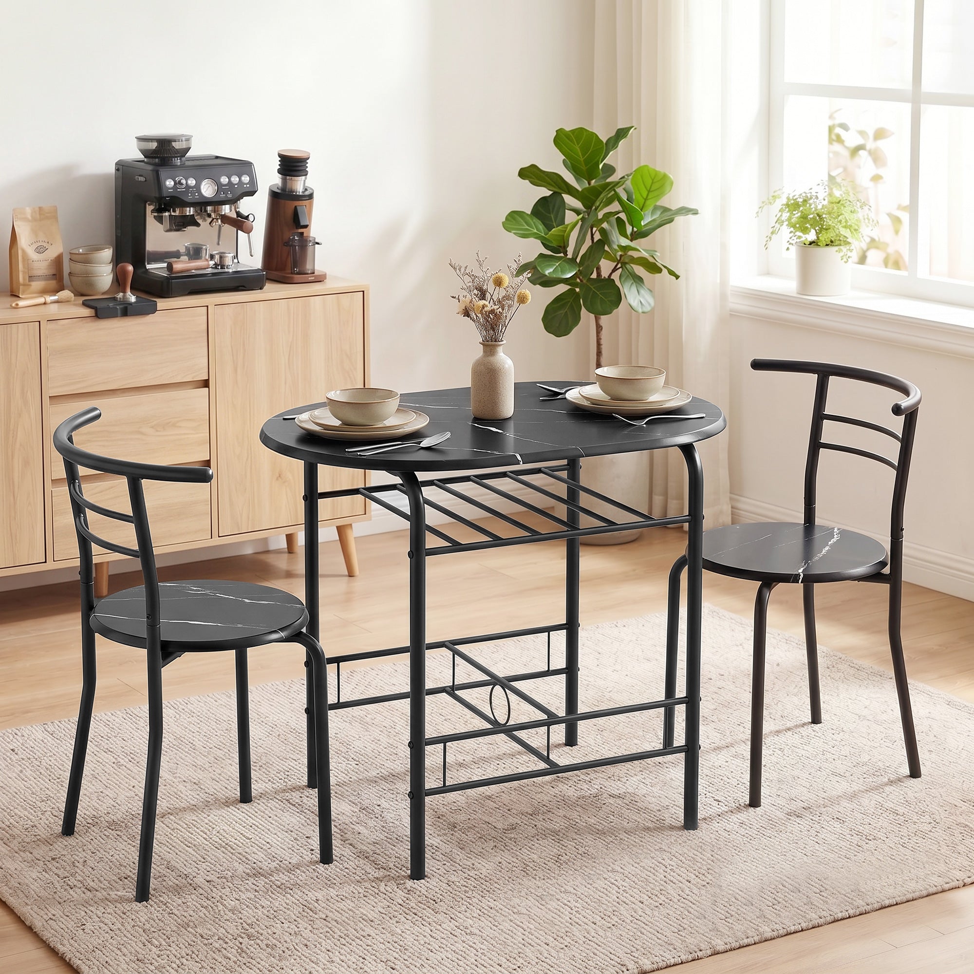 3-Piece Dining Set — 31.5" Kitchen Table with Two Chairs and Shelf, Ideal for Small Spaces, Apartment, Living/Dining Room, Black Marble Finish