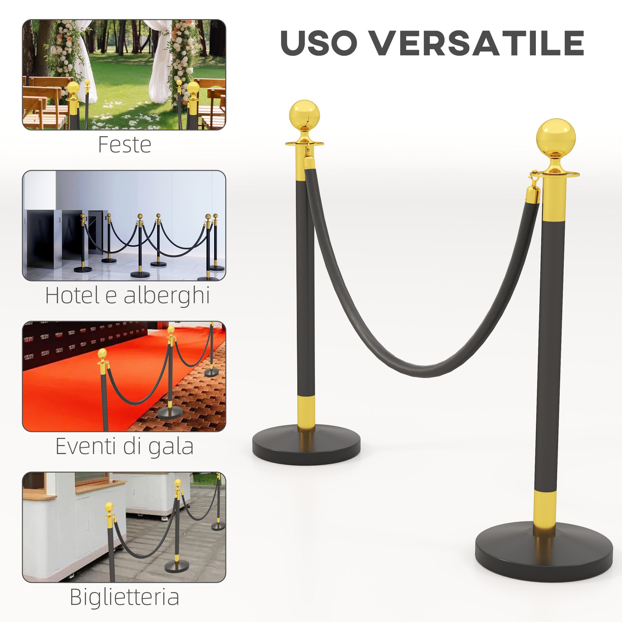 Path Marking Columns with 1.5m Velvet Rope and Fillable Base, Stainless Steel Delimitation Poles, for Hotels and Restaurants, Ø32x96 cm, Black