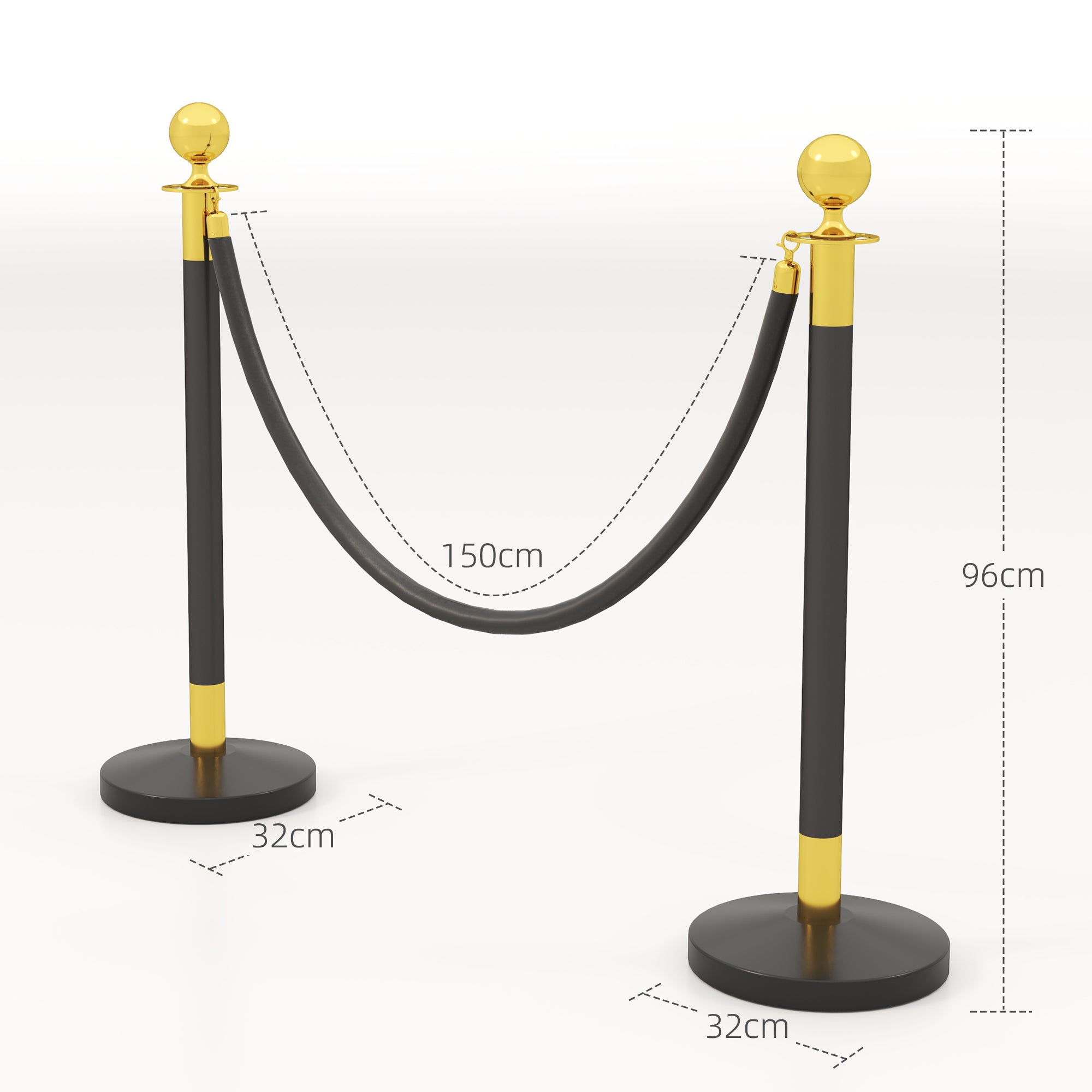 Path Marking Columns with 1.5m Velvet Rope and Fillable Base, Stainless Steel Delimitation Poles, for Hotels and Restaurants, Ø32x96 cm, Black