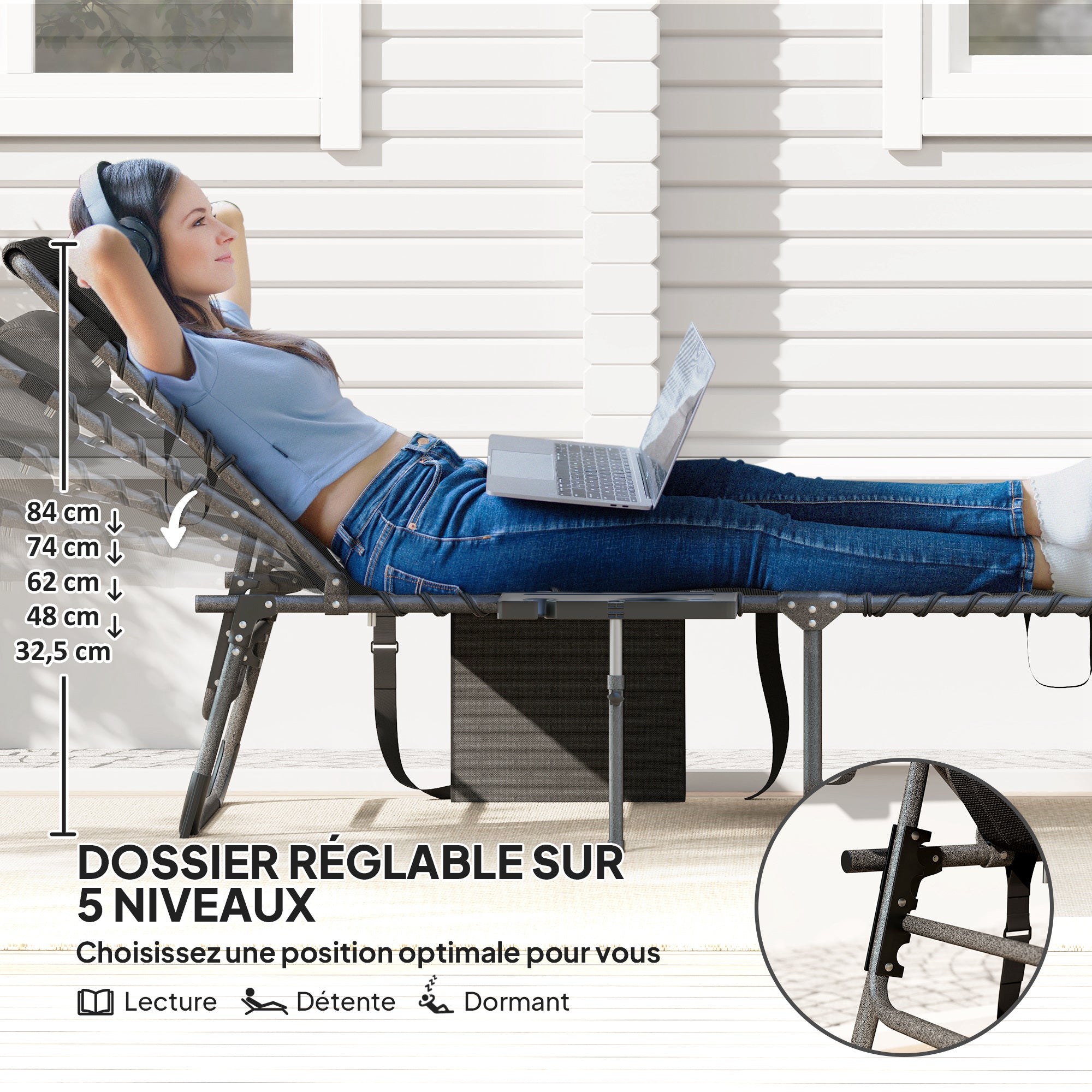 Folding sun lounger chair with tray, headrest, side pocket, reclining Oxford 600D sun lounger, outdoor garden sun lounger for camping pool terrace 60x190x31cm black