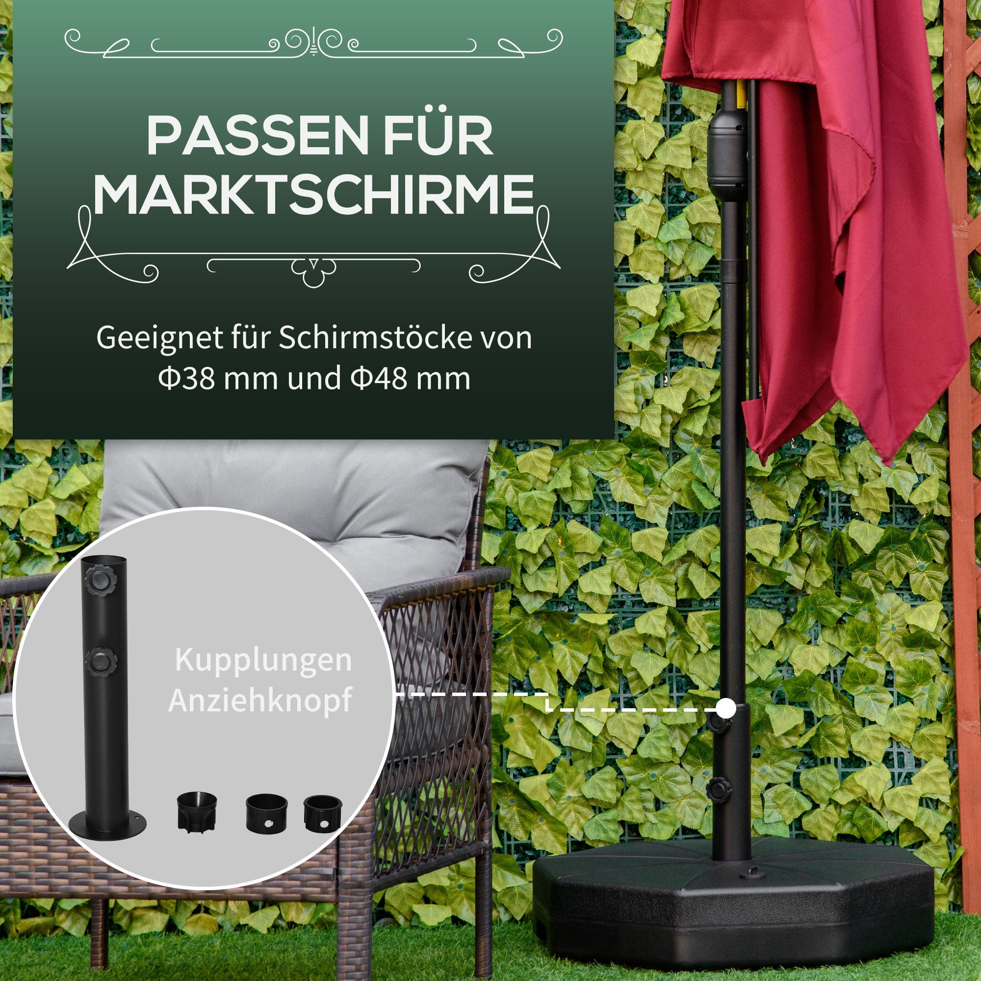 Umbrella Stand up to 40kg Fillable Umbrella Stand Octagonal Umbrella Holder, Umbrella Weight, Stand for Umbrella 38/48mm Pole Diameter, for Balcony, Terrace, Garden, Black