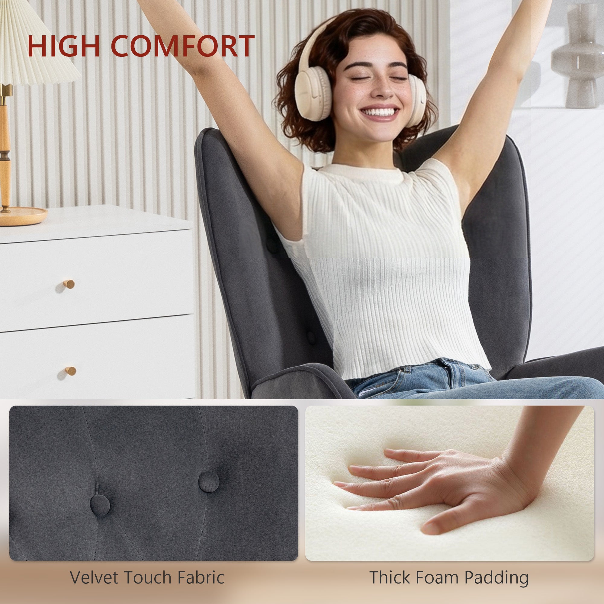 Velvet Accent Swivel Chair — Padded, Height-Adjustable with Armrests, Rocking Function, Dark Gray