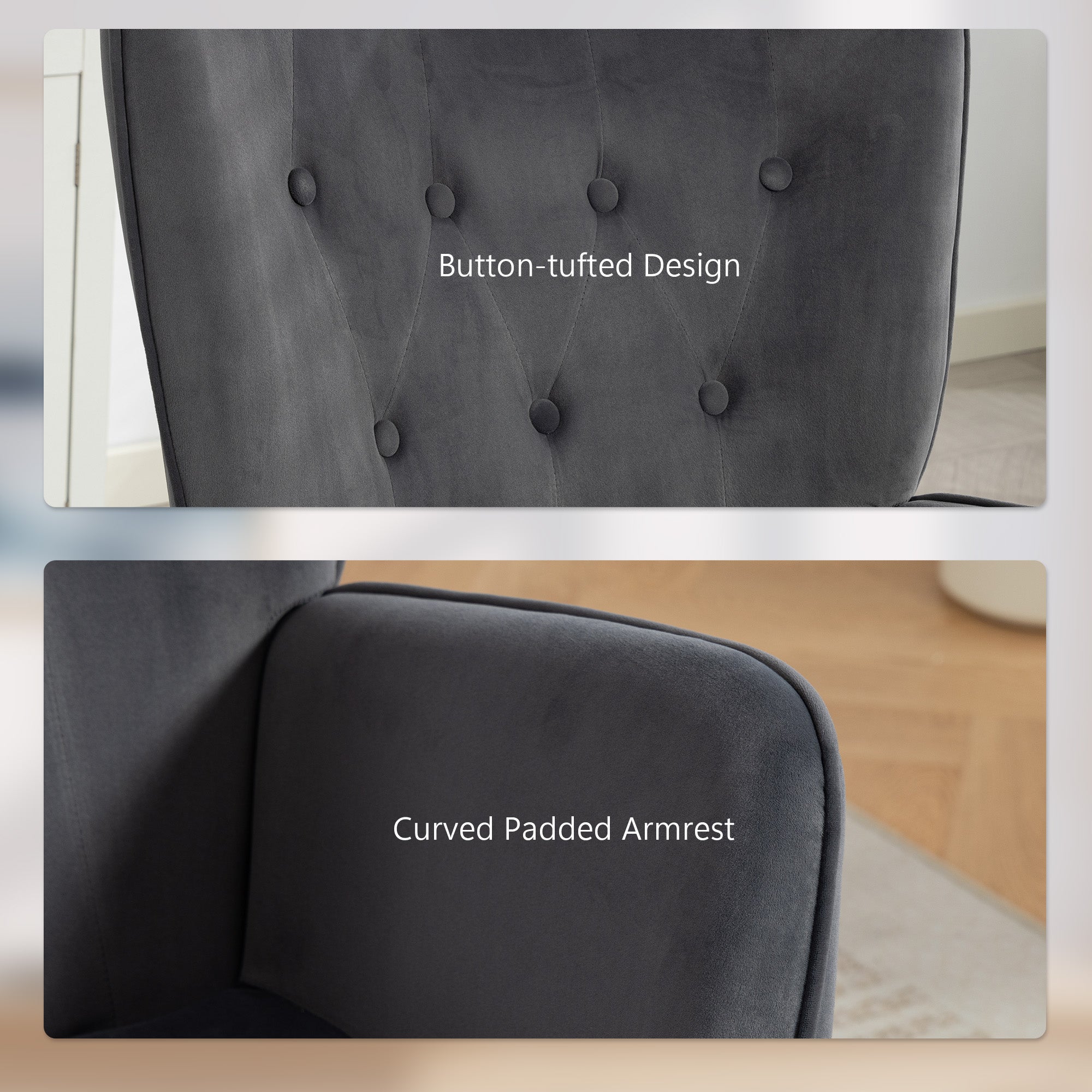 Velvet Accent Swivel Chair — Padded, Height-Adjustable with Armrests, Rocking Function, Dark Gray