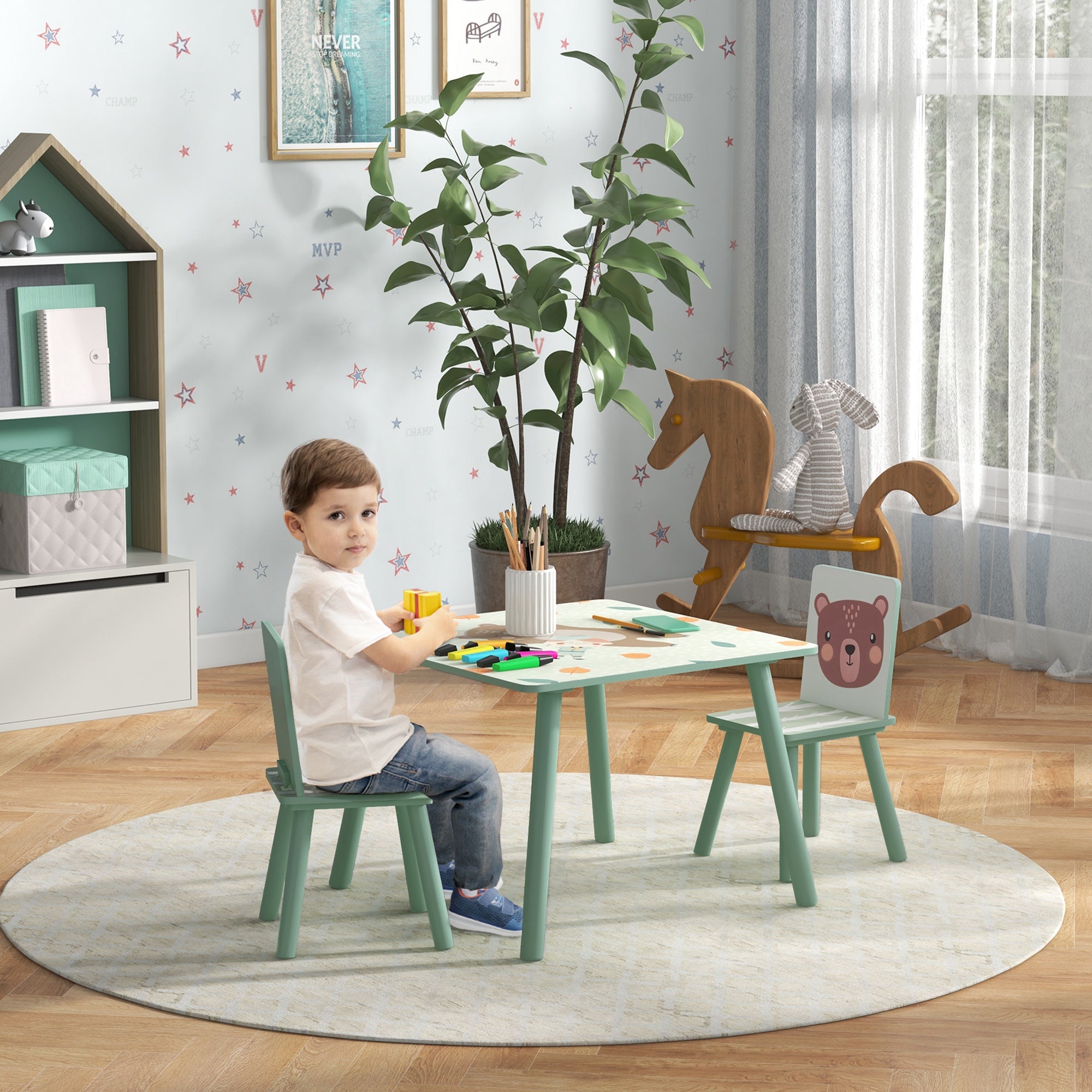 ZONEKIZ 3-Piece Children's Table and Chairs Set Kids Table with 2 Chairs Furniture Set for Activities for Children 3-8 Years for Bedroom Playroom Green and White